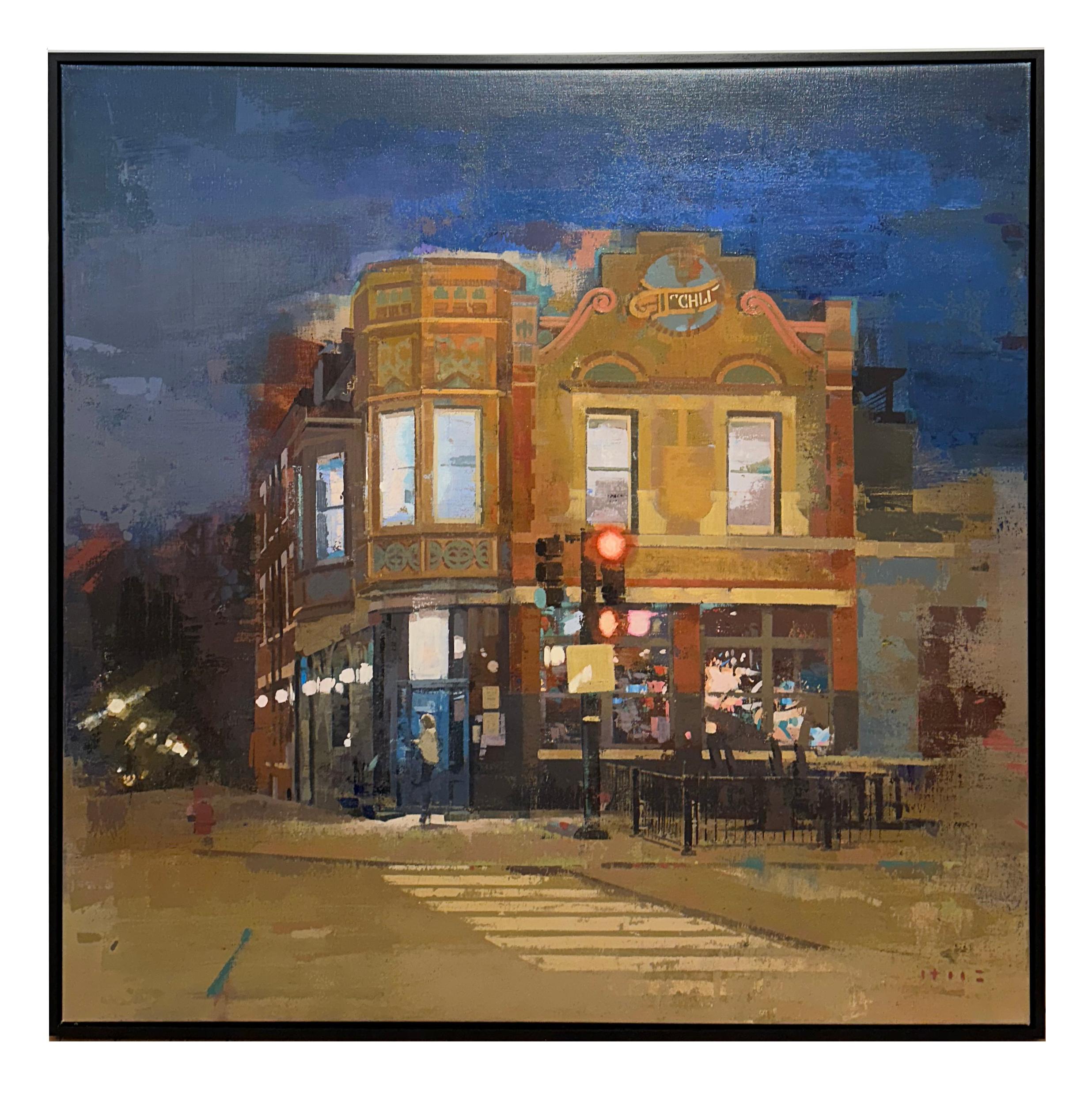 La notte di Wicker Park  Scena urbana in un quartiere di Chicago, Pittura originale - Painting di Keiko Ogawa