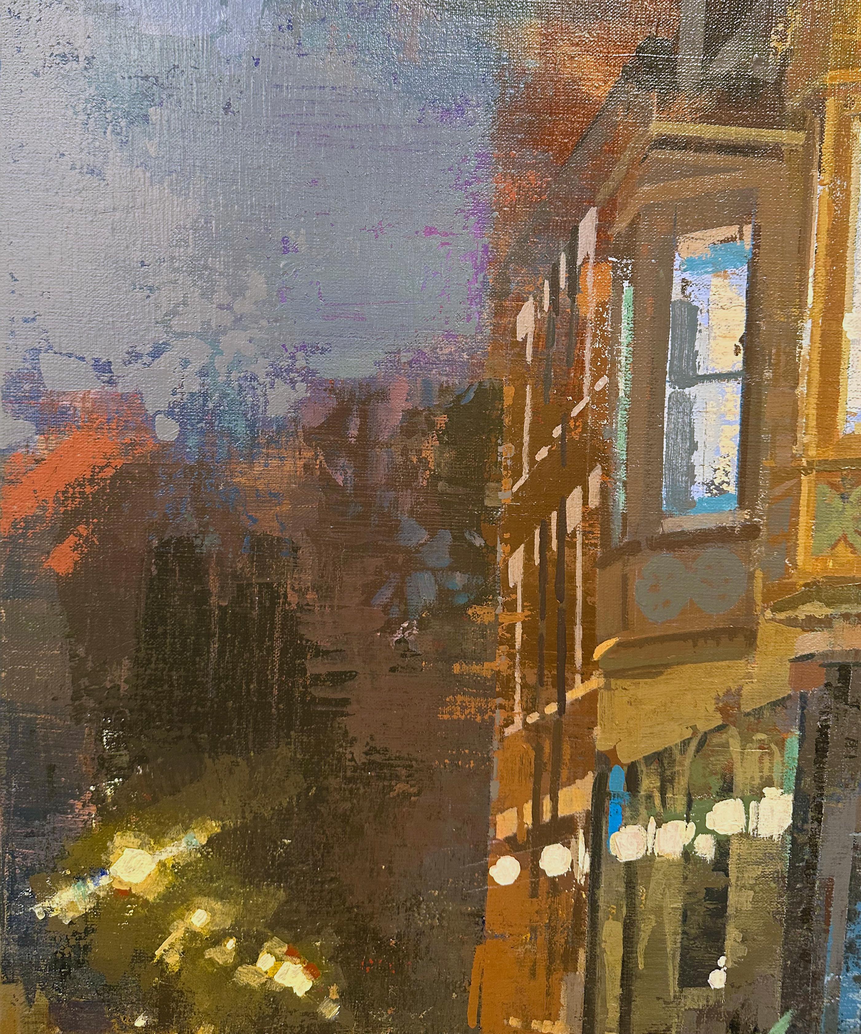 La notte di Wicker Park  Scena urbana in un quartiere di Chicago, Pittura originale in vendita 1