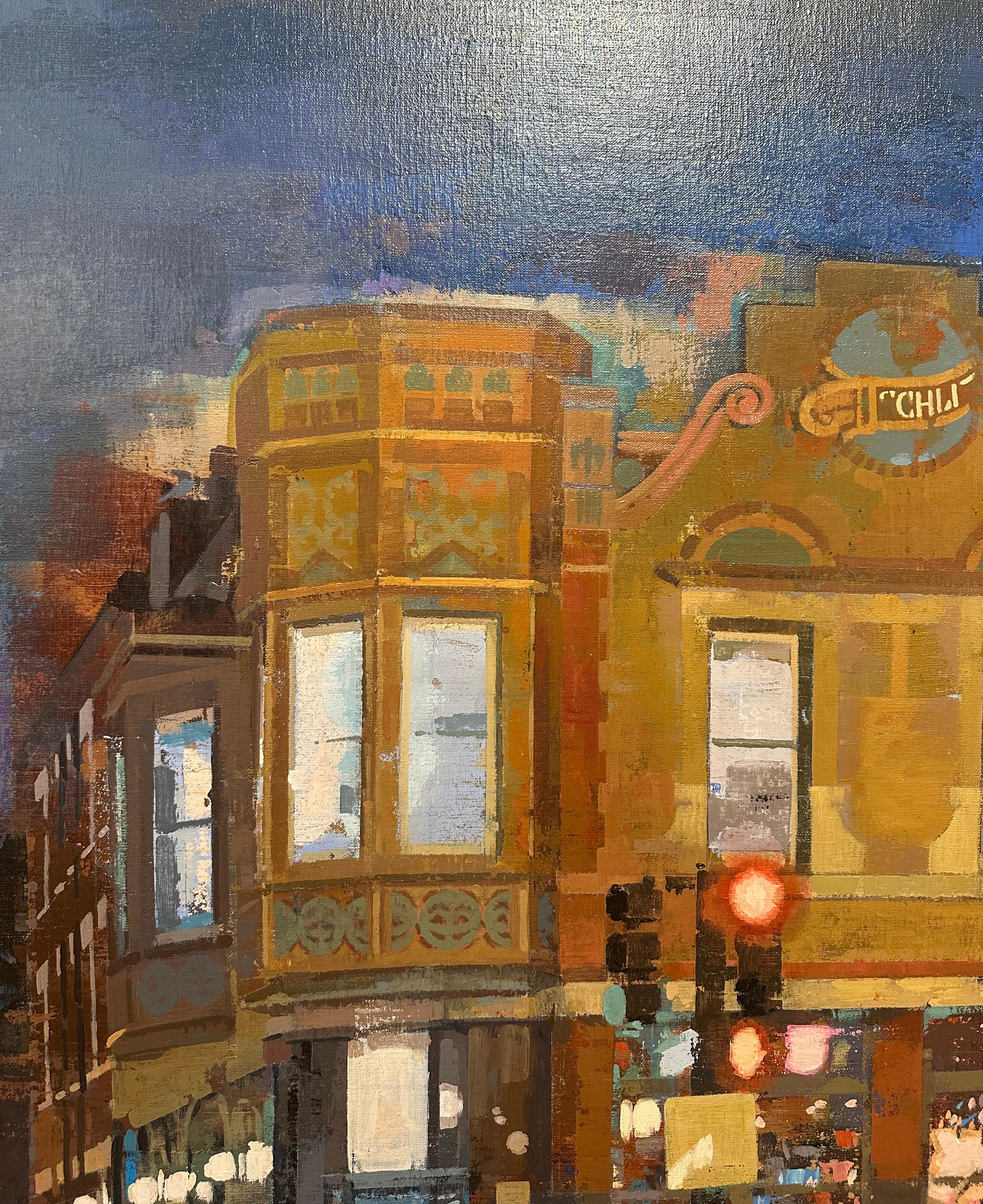 La notte di Wicker Park  Scena urbana in un quartiere di Chicago, Pittura originale in vendita 2