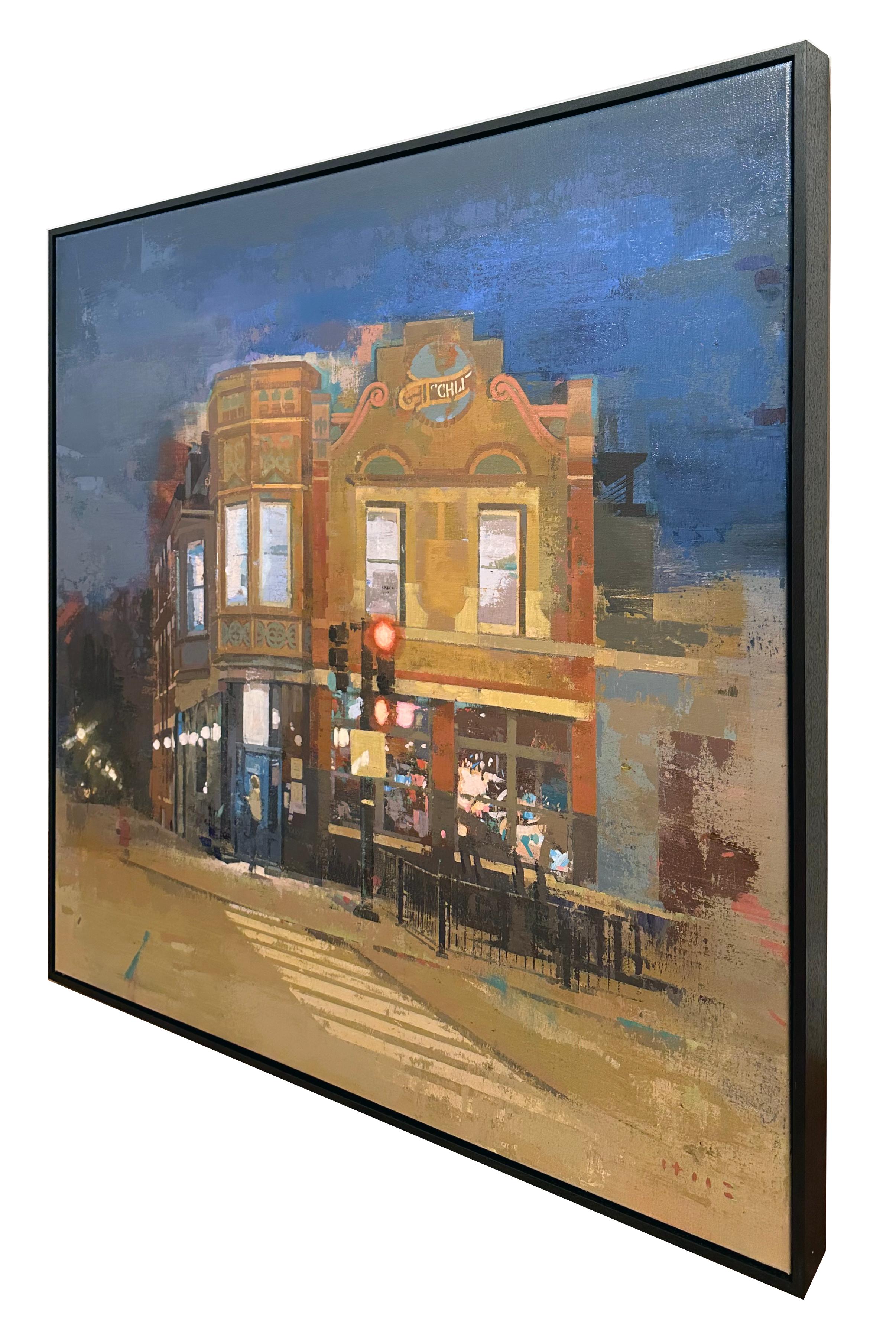 La notte di Wicker Park  Scena urbana in un quartiere di Chicago, Pittura originale - Landscape Painting Grigio di Keiko Ogawa