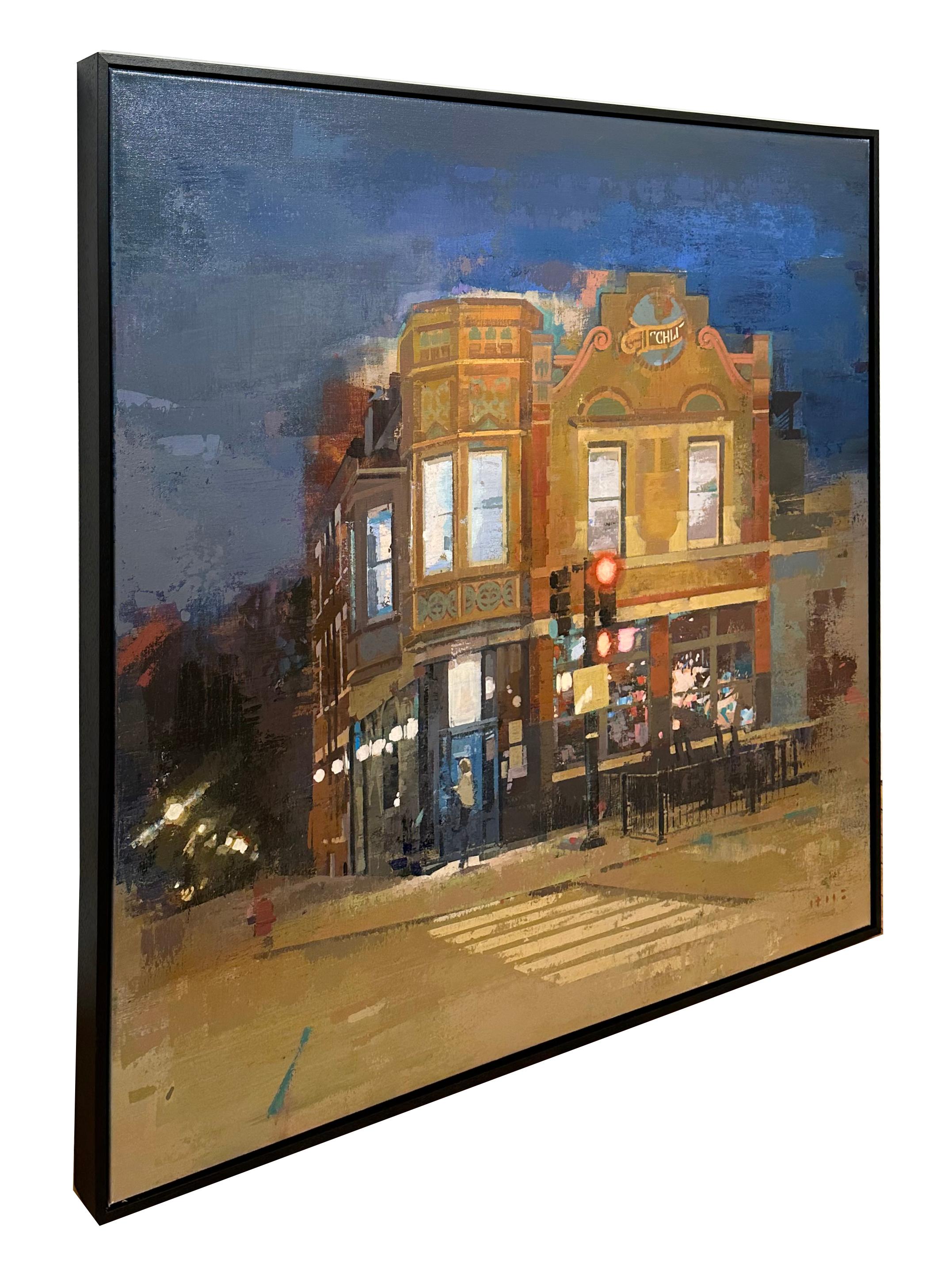 La notte di Wicker Park  Scena urbana in un quartiere di Chicago, Pittura originale - Painting Contemporaneo di Keiko Ogawa