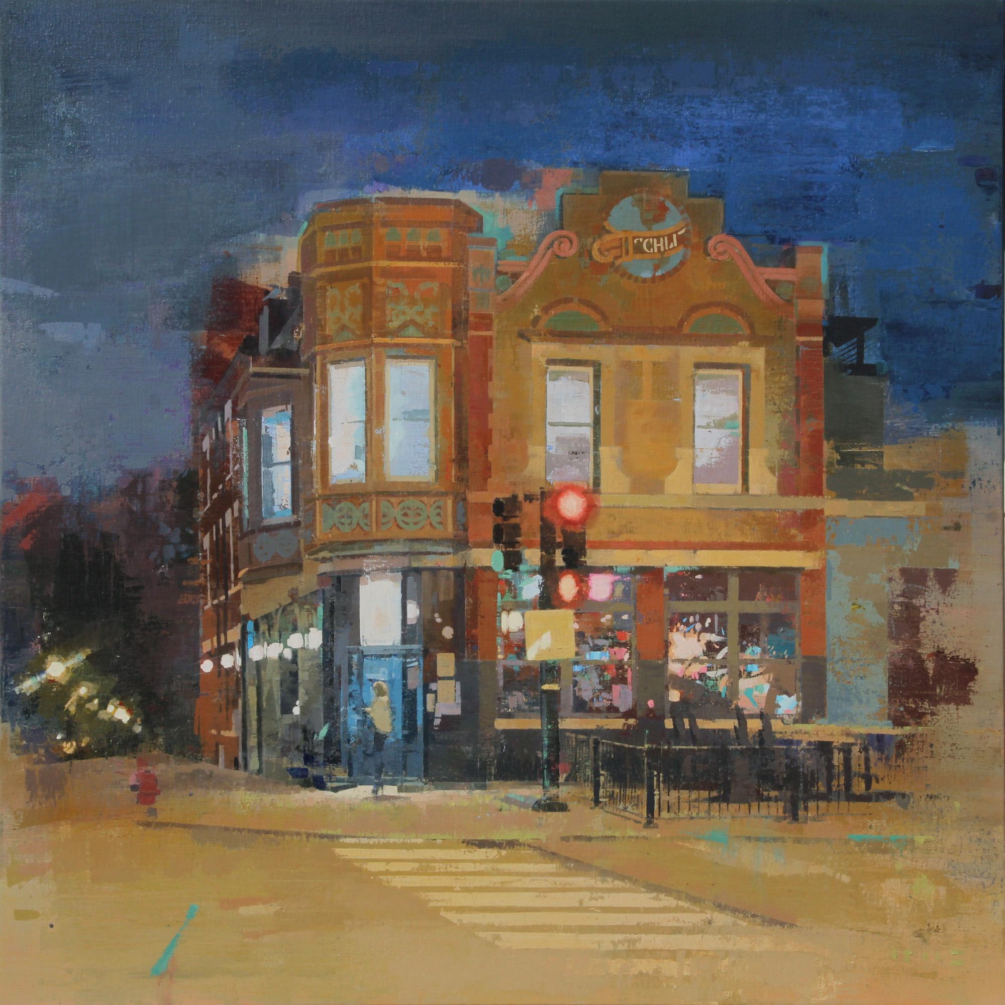 Landscape Painting di Keiko Ogawa - La notte di Wicker Park  Scena urbana in un quartiere di Chicago, Pittura originale
