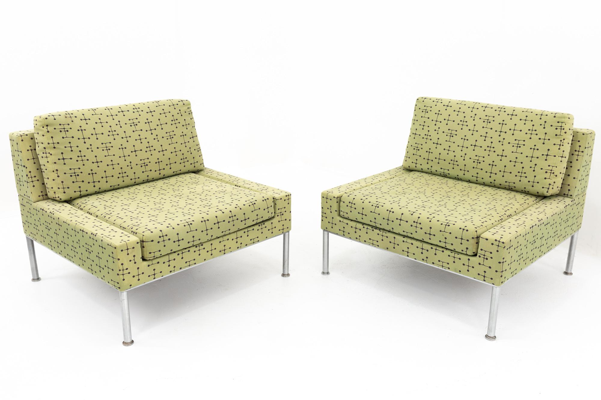 Keilhauer mid century chrome upholstered lounge chairs - matching pair
Each chair measures 34.25 wide x 30 deep x 30 high with a seat height of 16.5 inches

All pieces of furniture can be had in what we call restored vintage condition. That means