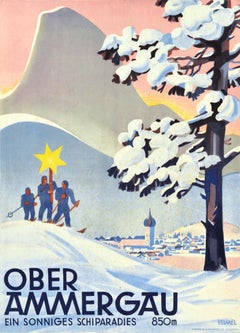 Original Vintage Winter Sport Travel Poster Oberammergau A Sunny Ski Paradise 