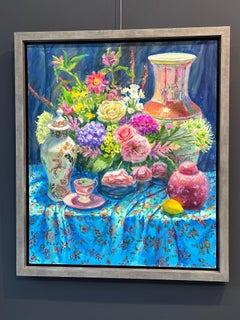 Blue with flowers- 21st Century Contemporary Dutch Flower Still-life Painting