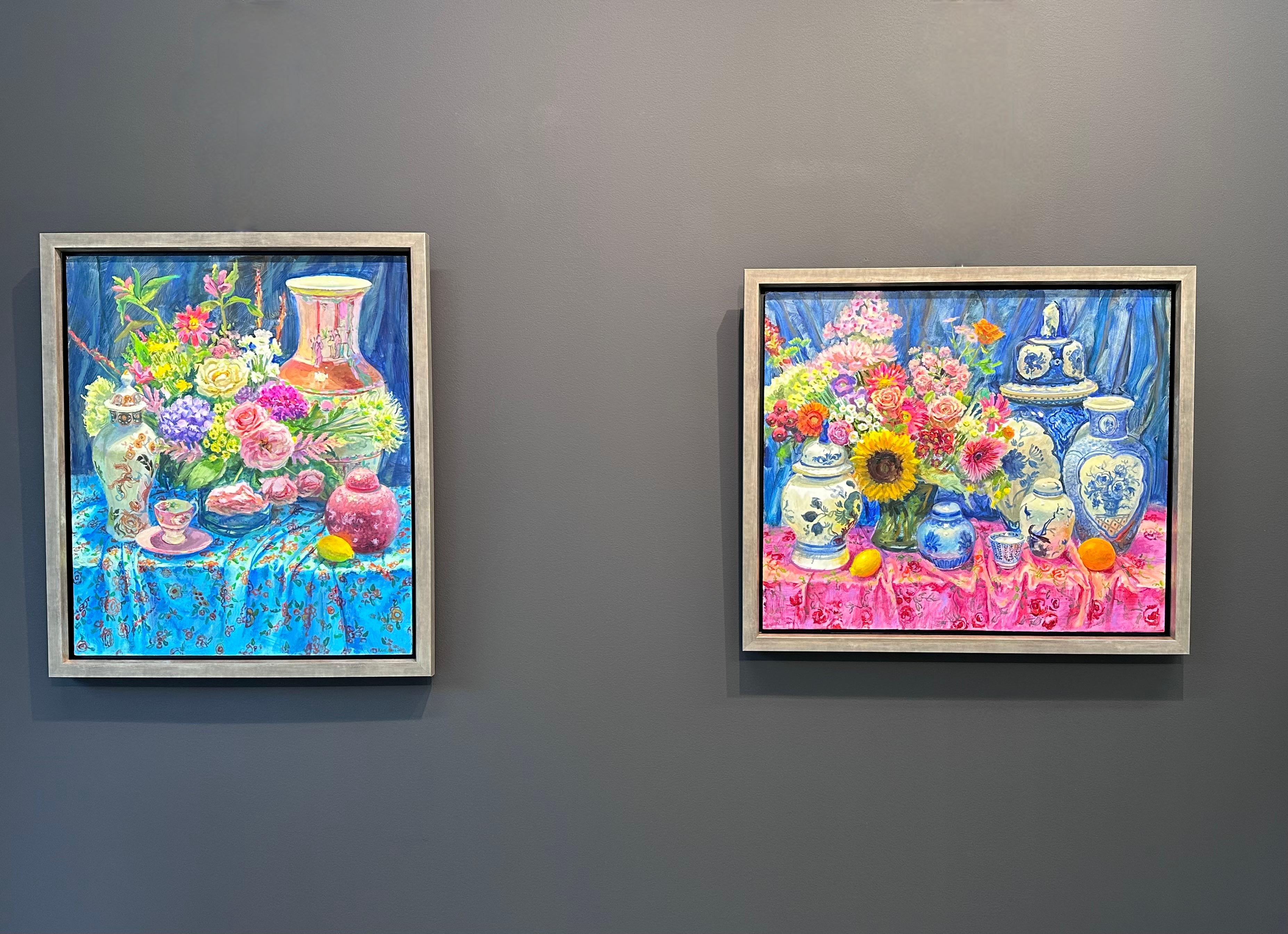 Blu con fiori - Pittura olandese contemporanea del XXI secolo con nature morte di fiori - Painting Contemporaneo di Keimpe van der Kooi