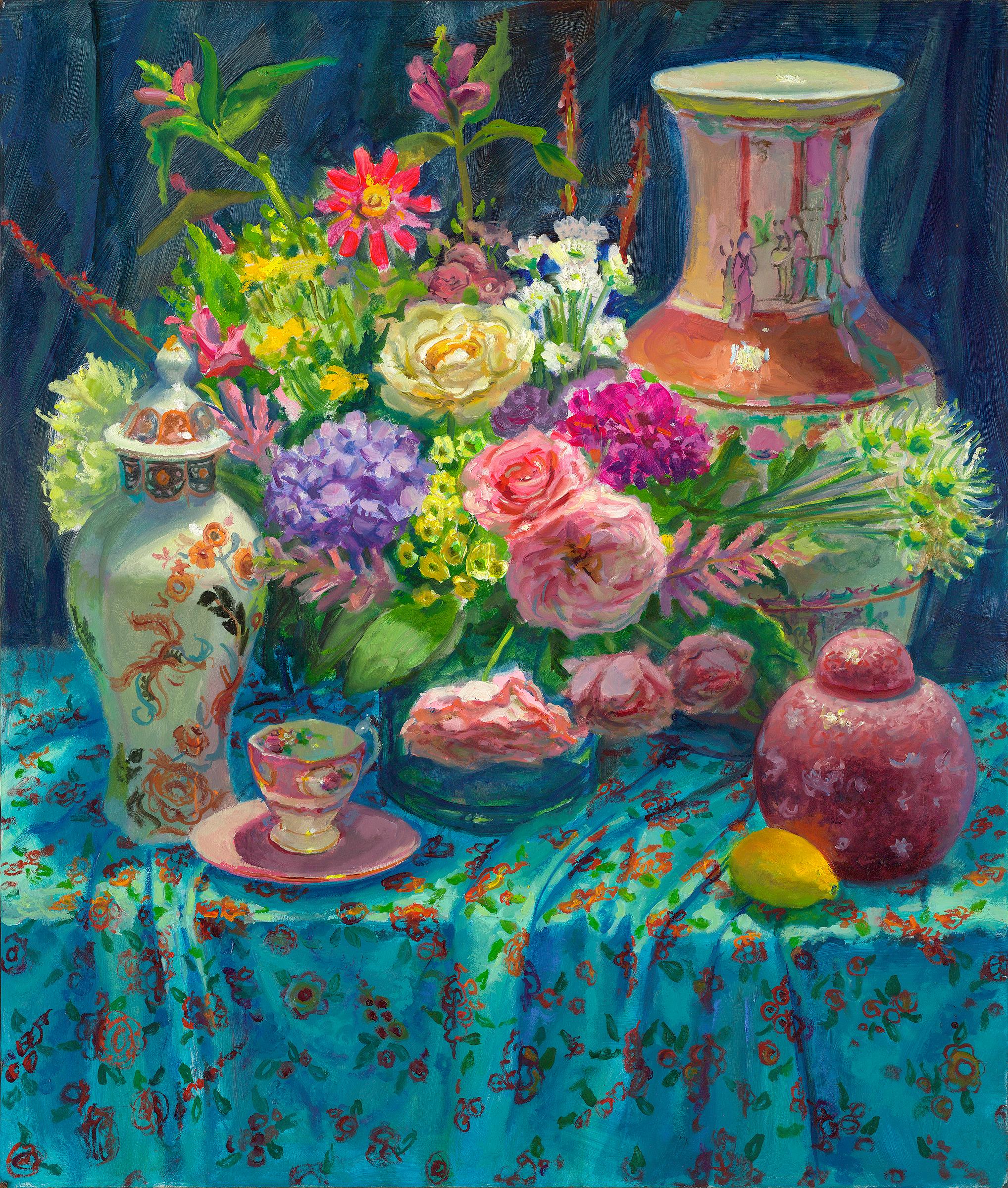 Figurative Painting di Keimpe van der Kooi - Blu con fiori - Pittura olandese contemporanea del XXI secolo con nature morte di fiori