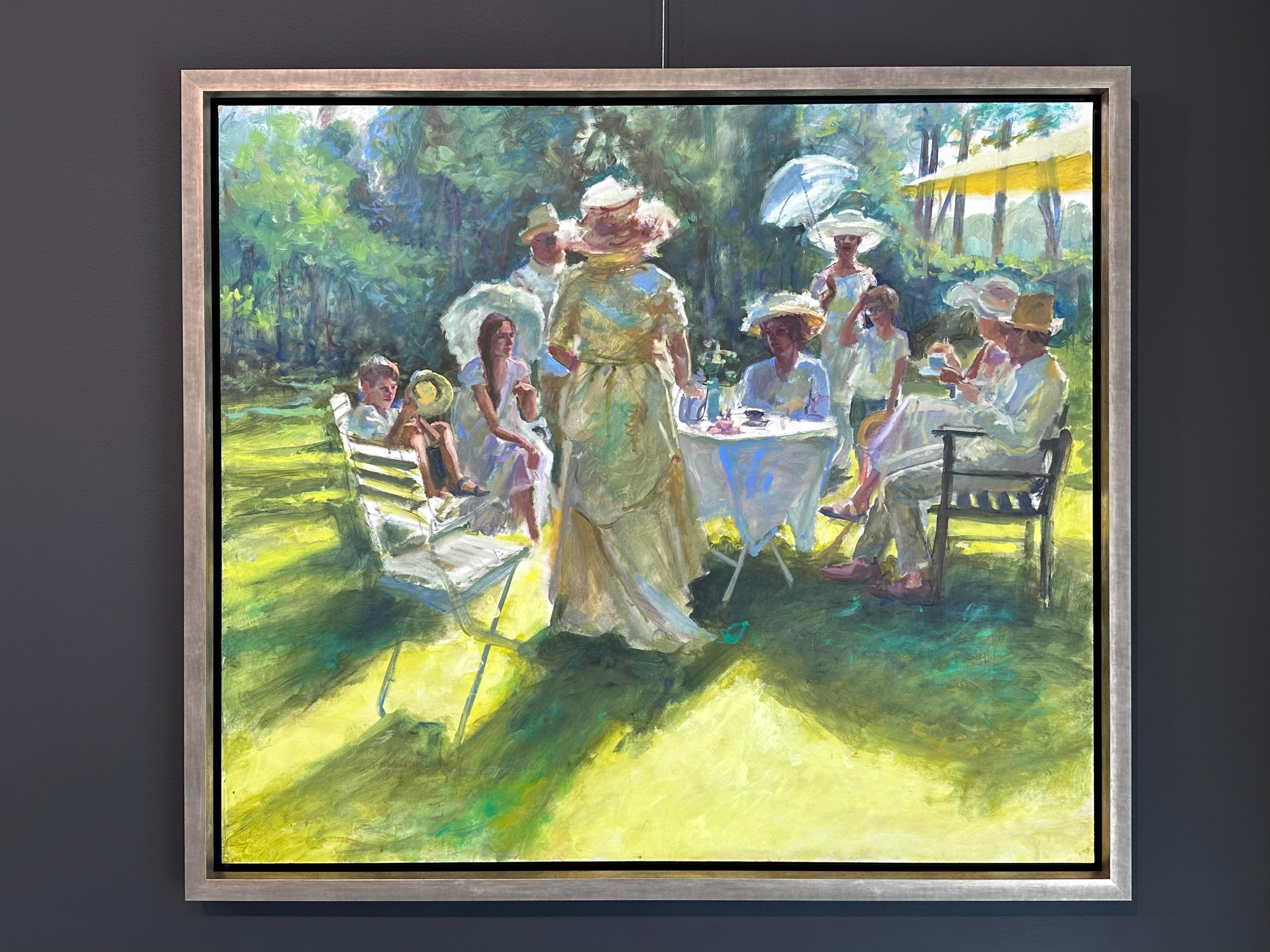 Garden Party- 21ème siècle Peinture impressionniste contemporaine hollandaise de jardin - Gris Figurative Painting par Keimpe van der Kooi