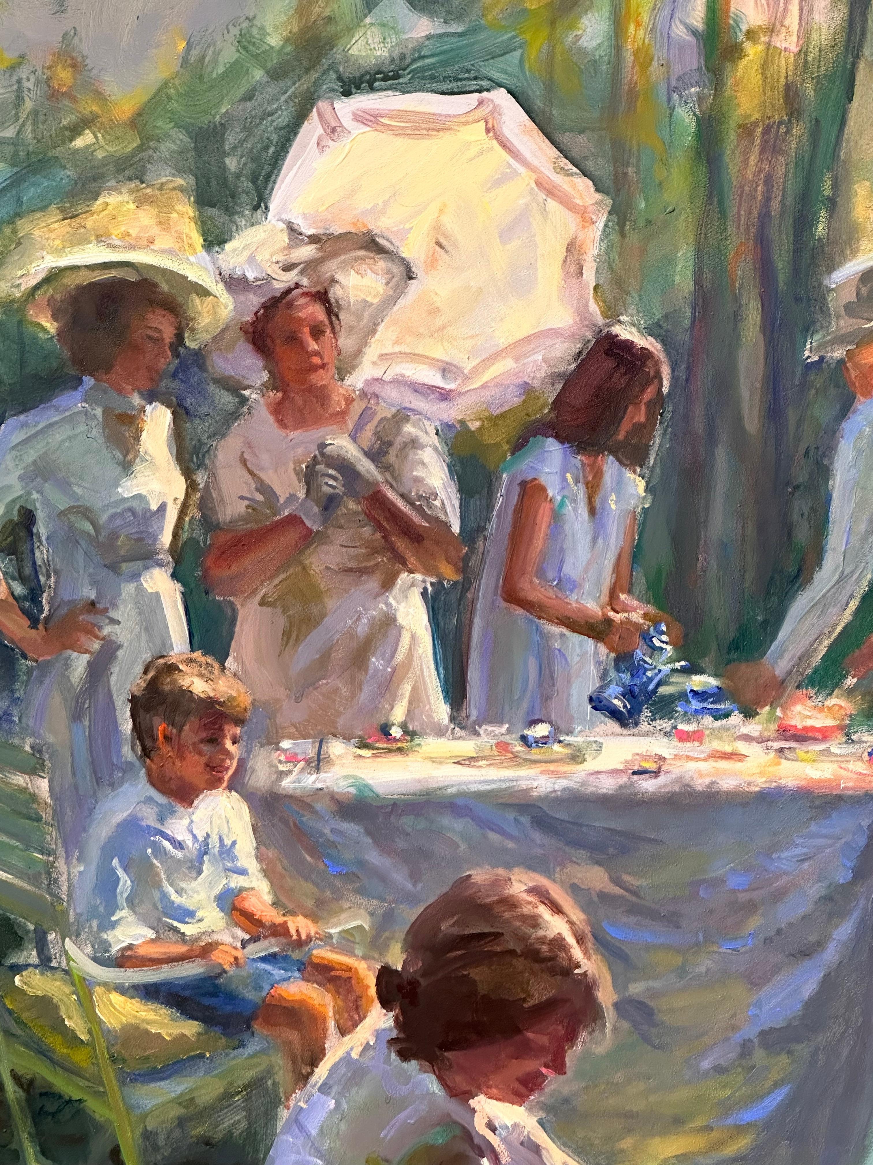 Party!- Quadro impressionista contemporaneo del XXI secolo raffigurante un giardino in vendita 1