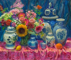 Rose avec des fleurs - 21e siècle - Peinture hollandaise contemporaine de nature morte aux fleurs