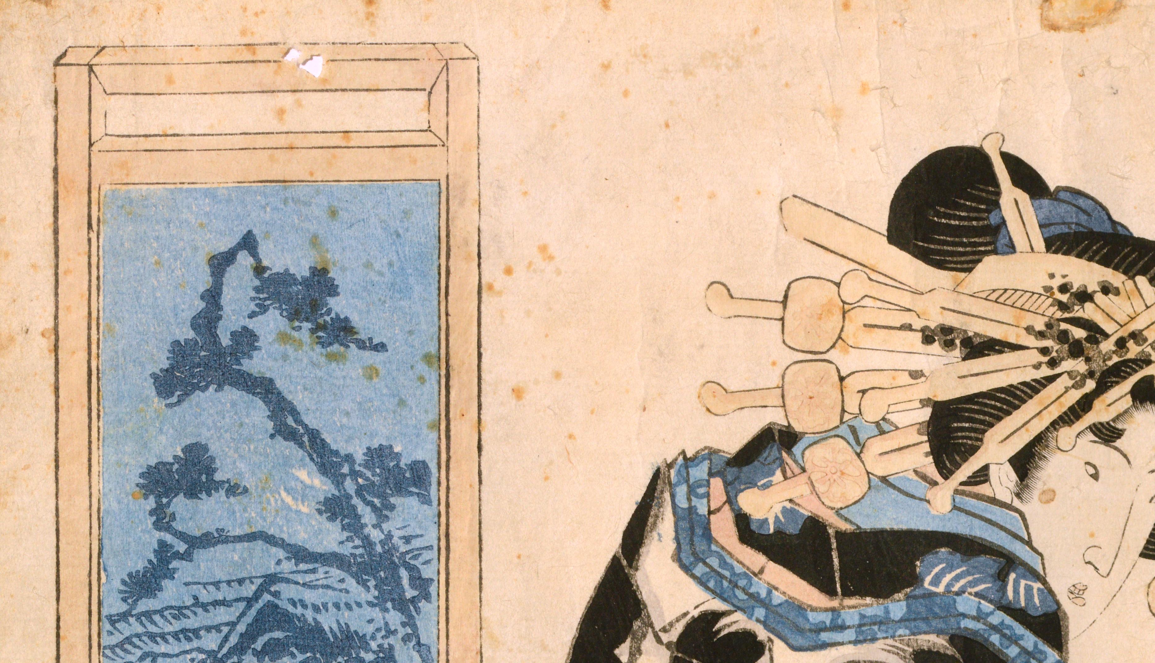 Geisha à la fenêtre - Gravure sur bois japonaise - Edo Print par Keisei Eisen