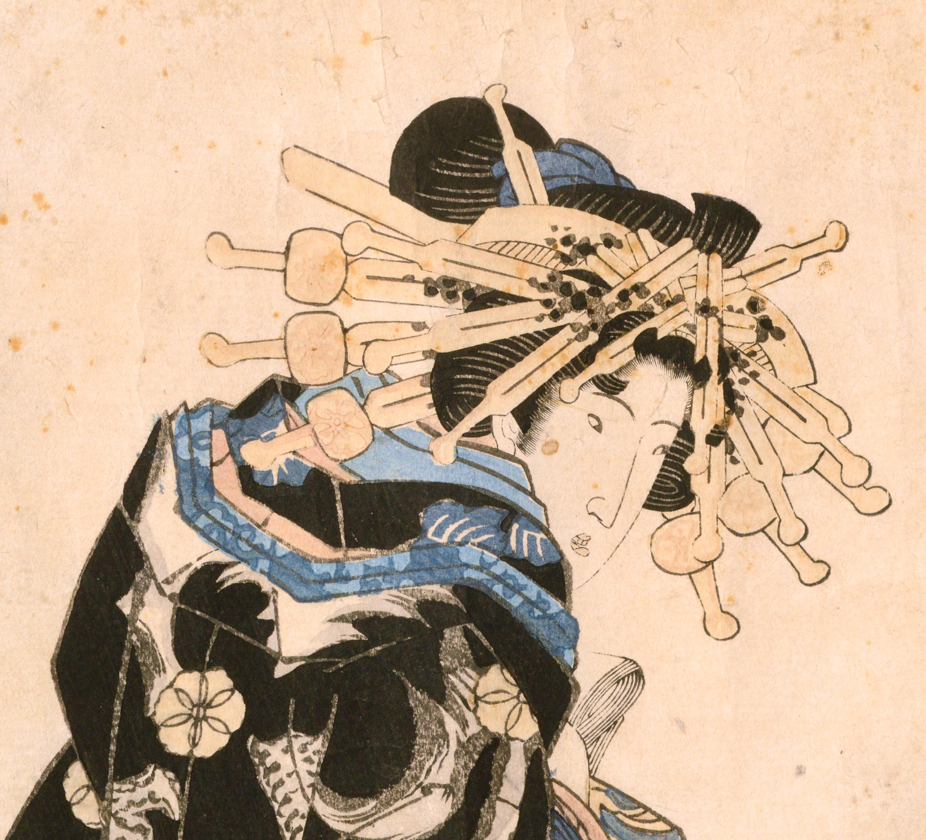 Geisha à la fenêtre - Gravure sur bois japonaise - Beige Portrait Print par Keisei Eisen