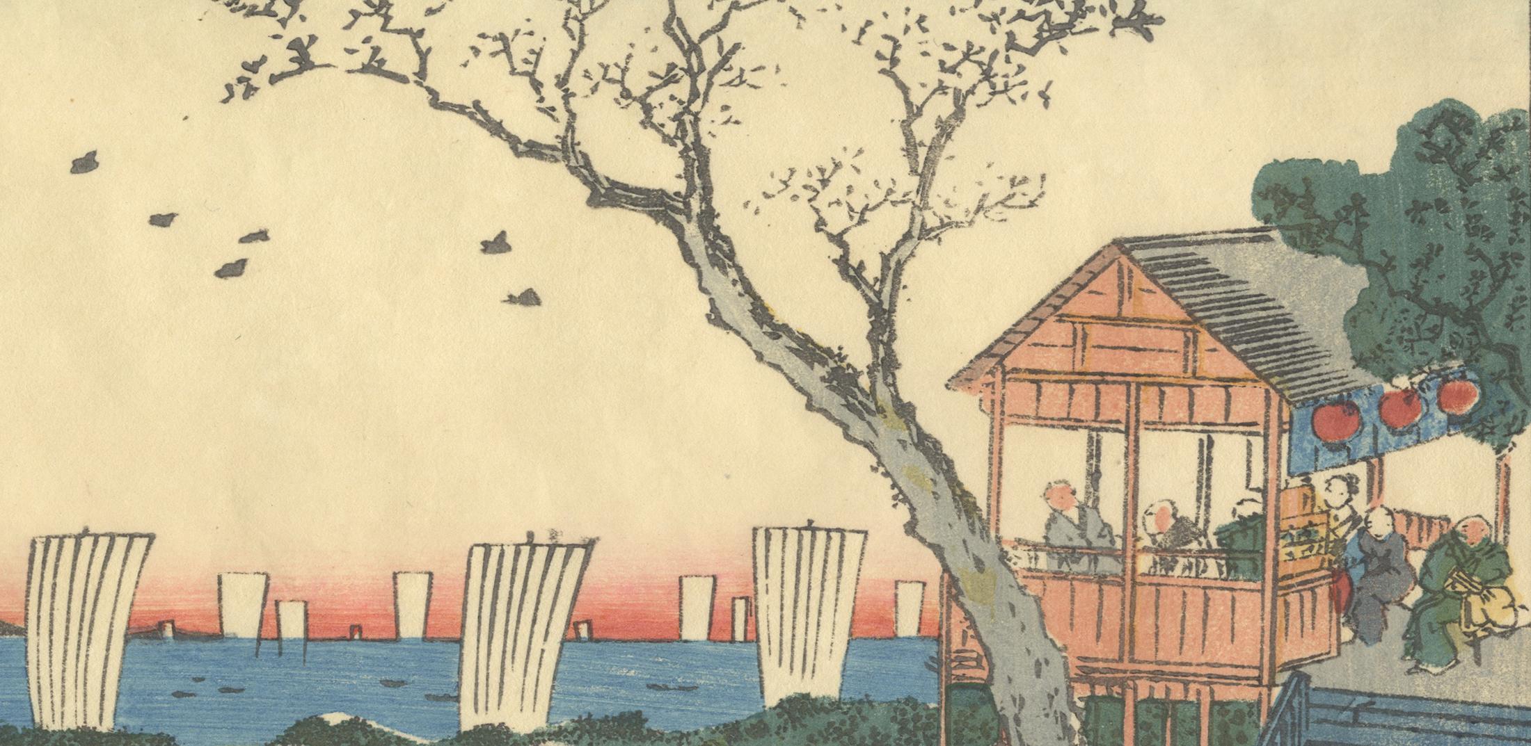 Keisai Eisen, Landscape, Original Japanese Woodblock Print, Ukiyo-e, Edo, Sunset - Beige Portrait Print by Keisei Eisen
