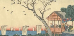 Keisai Eisen, paysage, estampe originale japonaise, Ukiyo-e, Edo, coucher de soleil