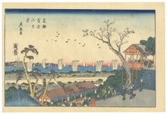 Keisai Eisen, Landscape, Original Japanese Woodblock Print, Ukiyo-e, Edo, Sunset