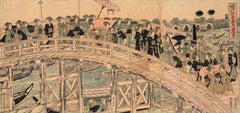 Zitate einer Daimyo-Prozession, die Ryogoku-Brücke überquert - Holzschnitt