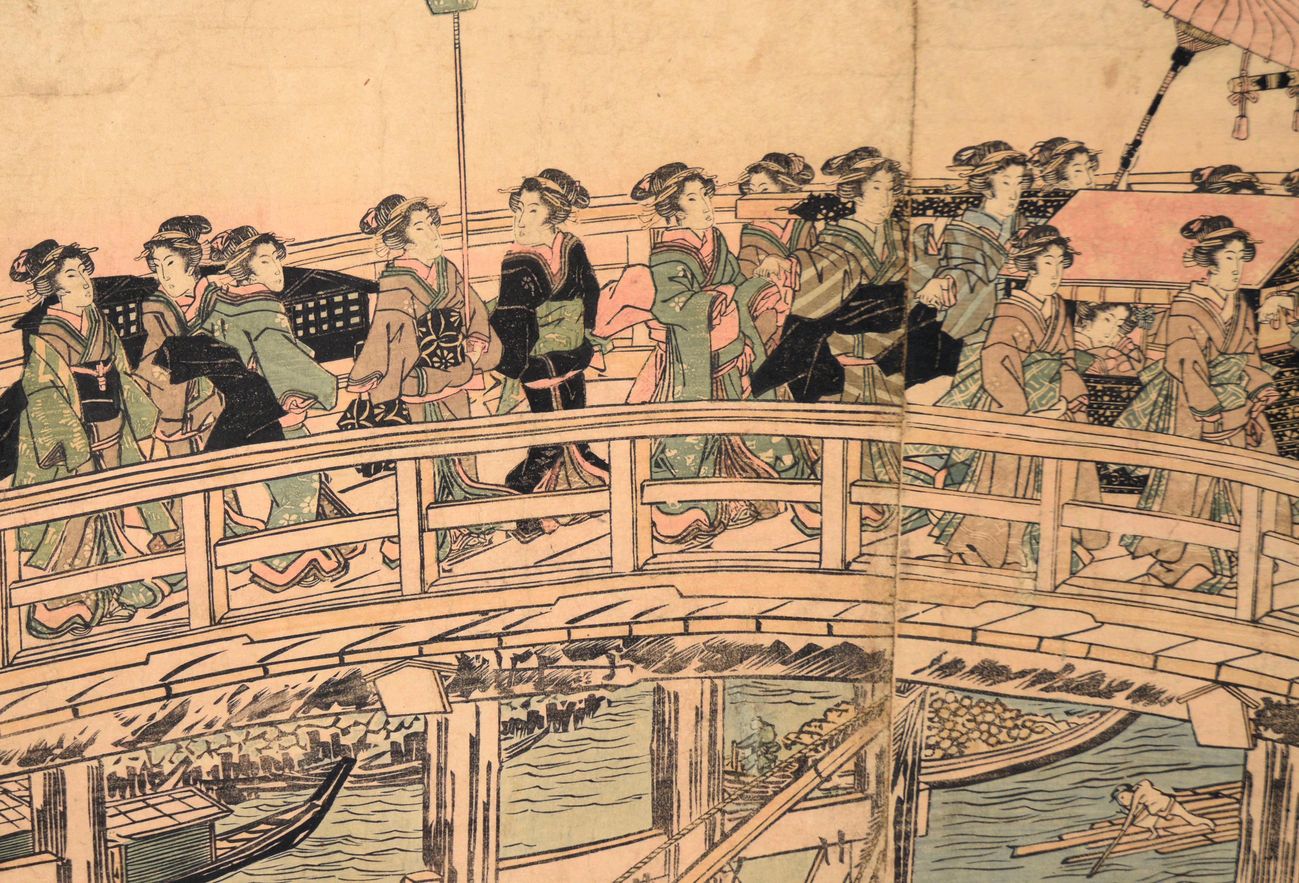 Impression sur bois représentant la procession de Daimyo franchissant le pont Ryogoku  - Edo Print par Keisei Eisen