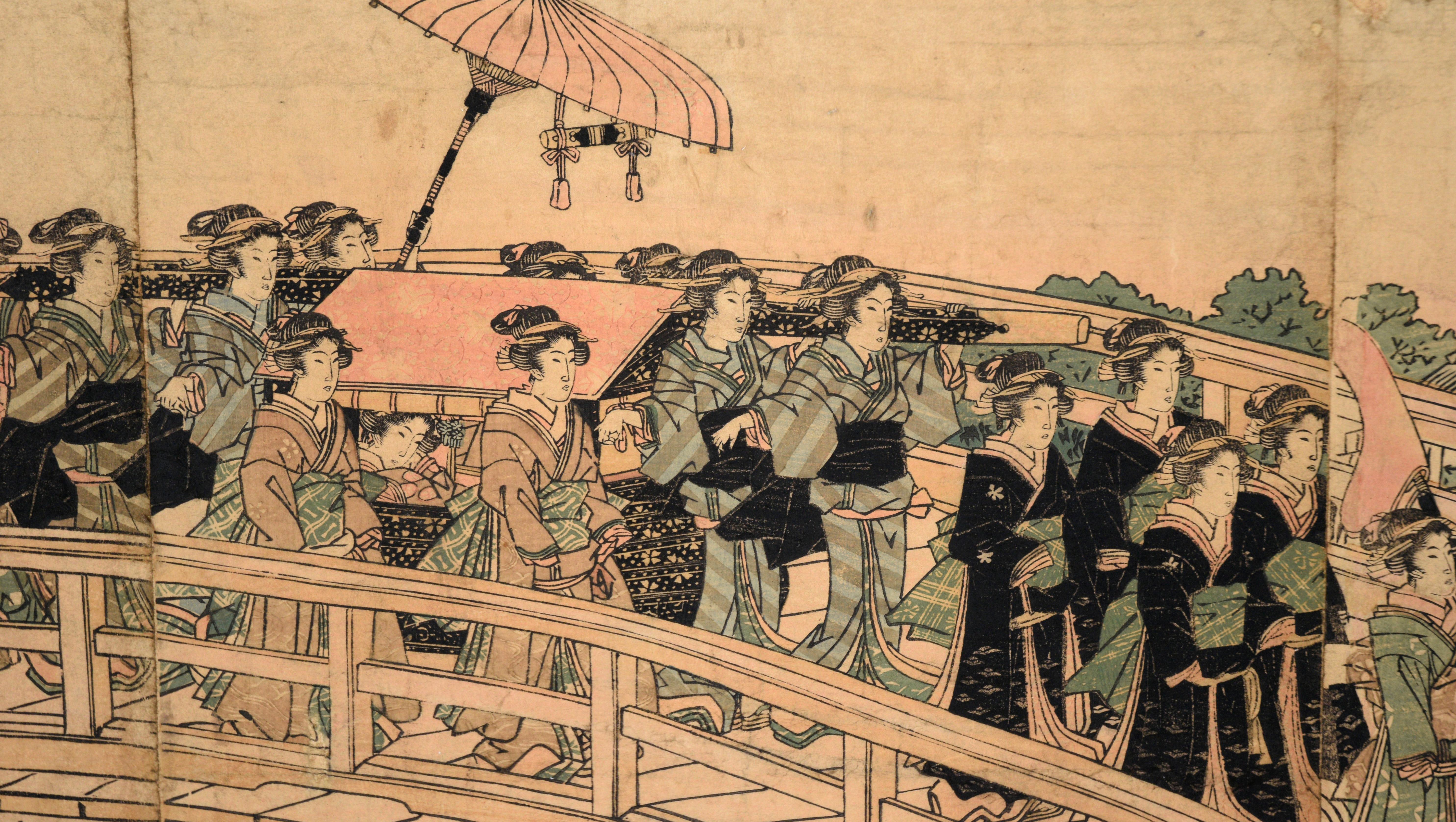 Impression sur bois représentant la procession de Daimyo franchissant le pont Ryogoku

Gravure sur bois d'une procession par Keisai Eisen (japonais, 1790-1848). Terrible triptyque d'une procession de jeunes femmes traversant le pont d'Edo à Edo dans