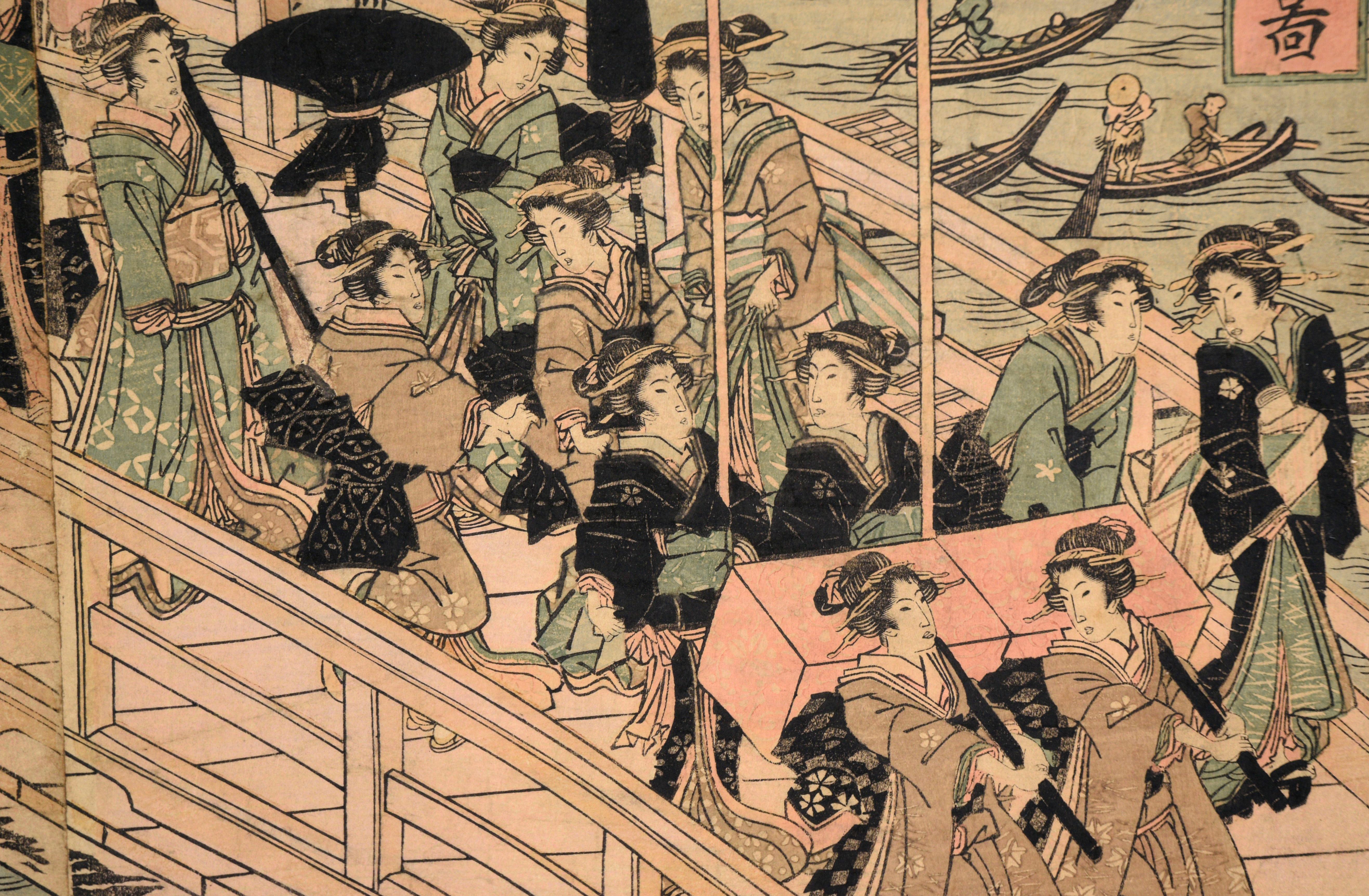 Impression sur bois représentant la procession de Daimyo franchissant le pont Ryogoku  en vente 2