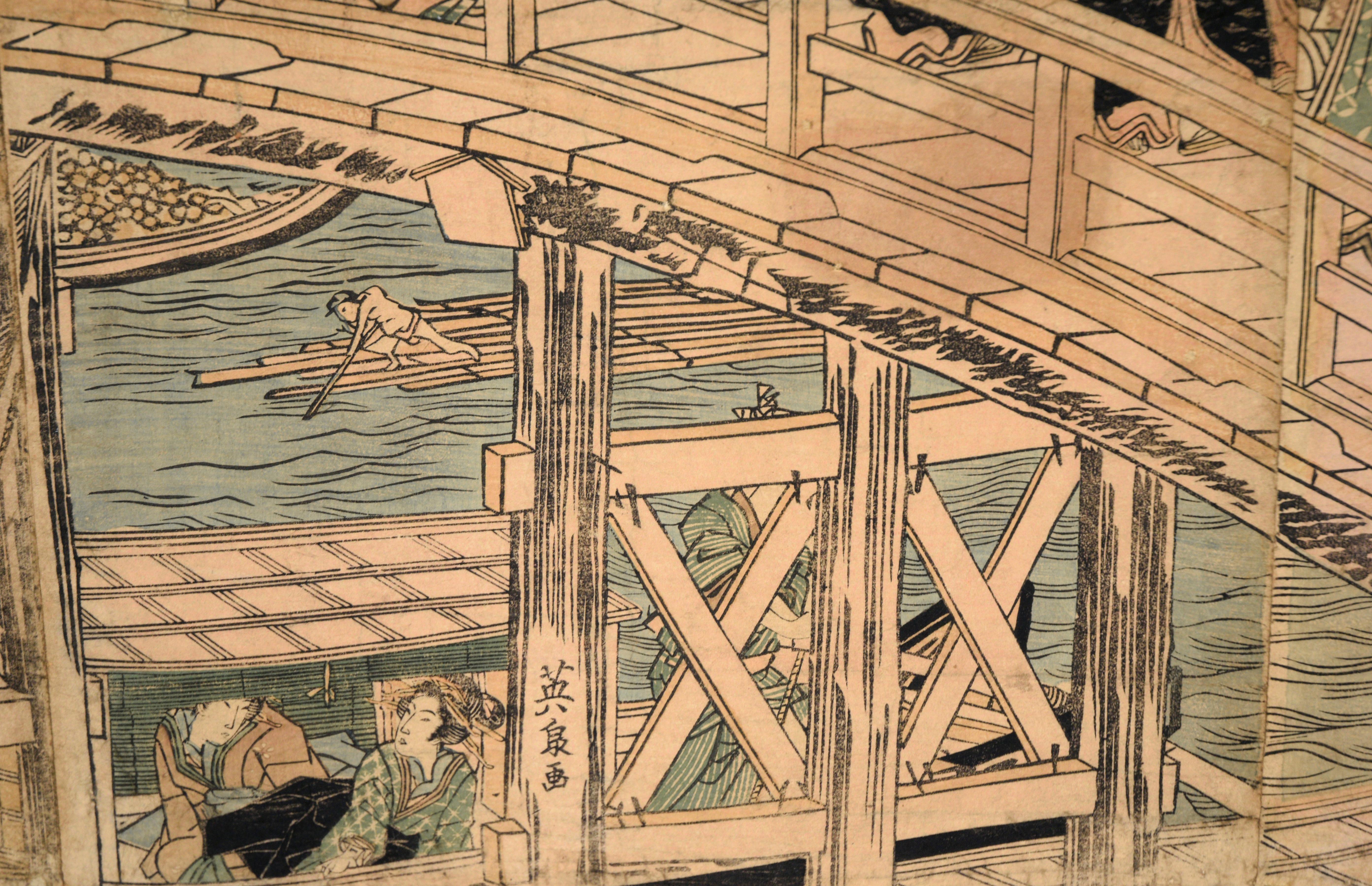 Impression sur bois représentant la procession de Daimyo franchissant le pont Ryogoku  en vente 4