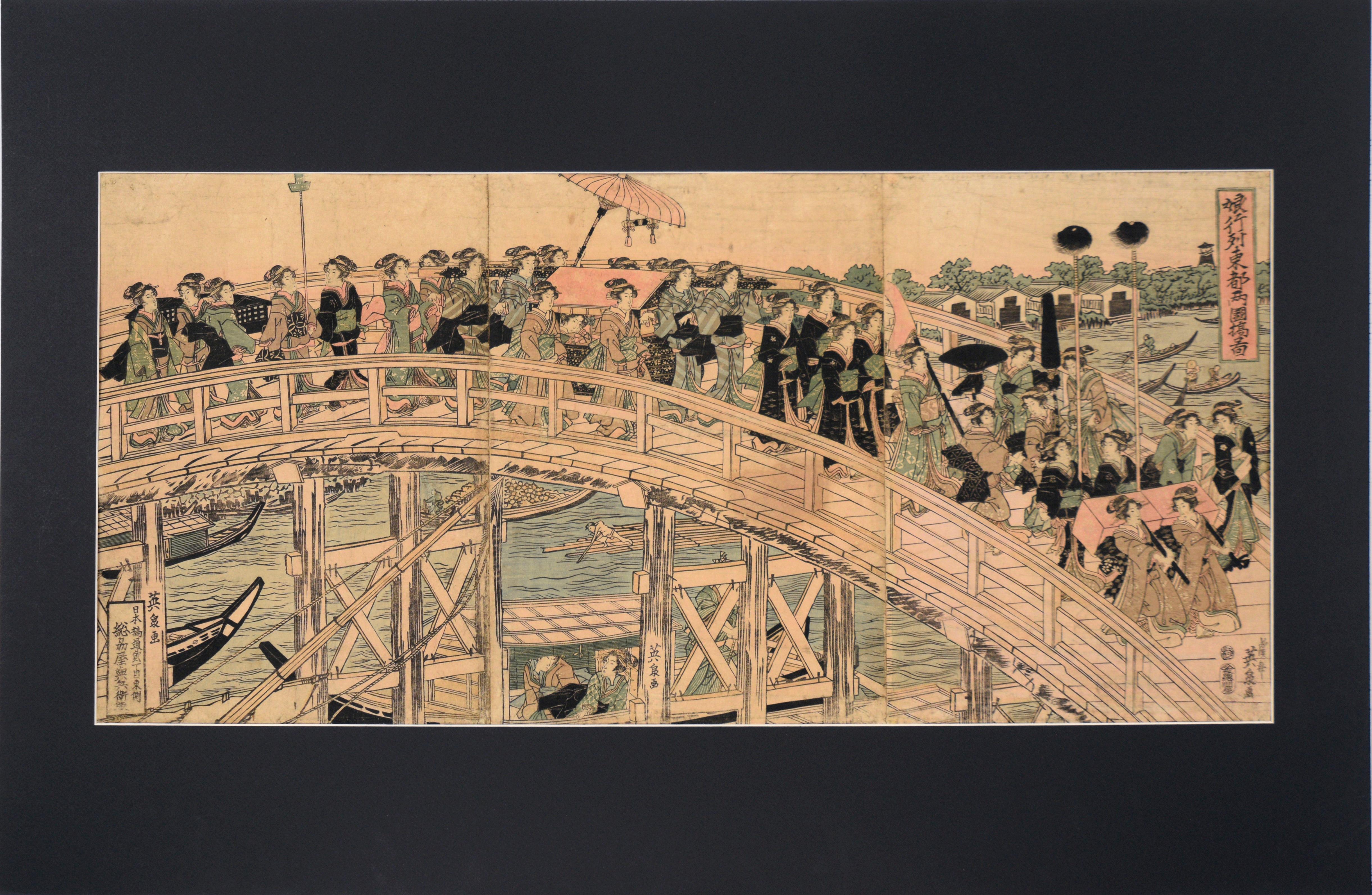 Figurative Print Keisei Eisen - Impression sur bois représentant la procession de Daimyo franchissant le pont Ryogoku 