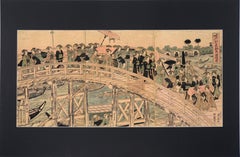 Zitate einer Daimyo-Prozession, die Ryogoku-Brücke überquert - Holzschnitt 