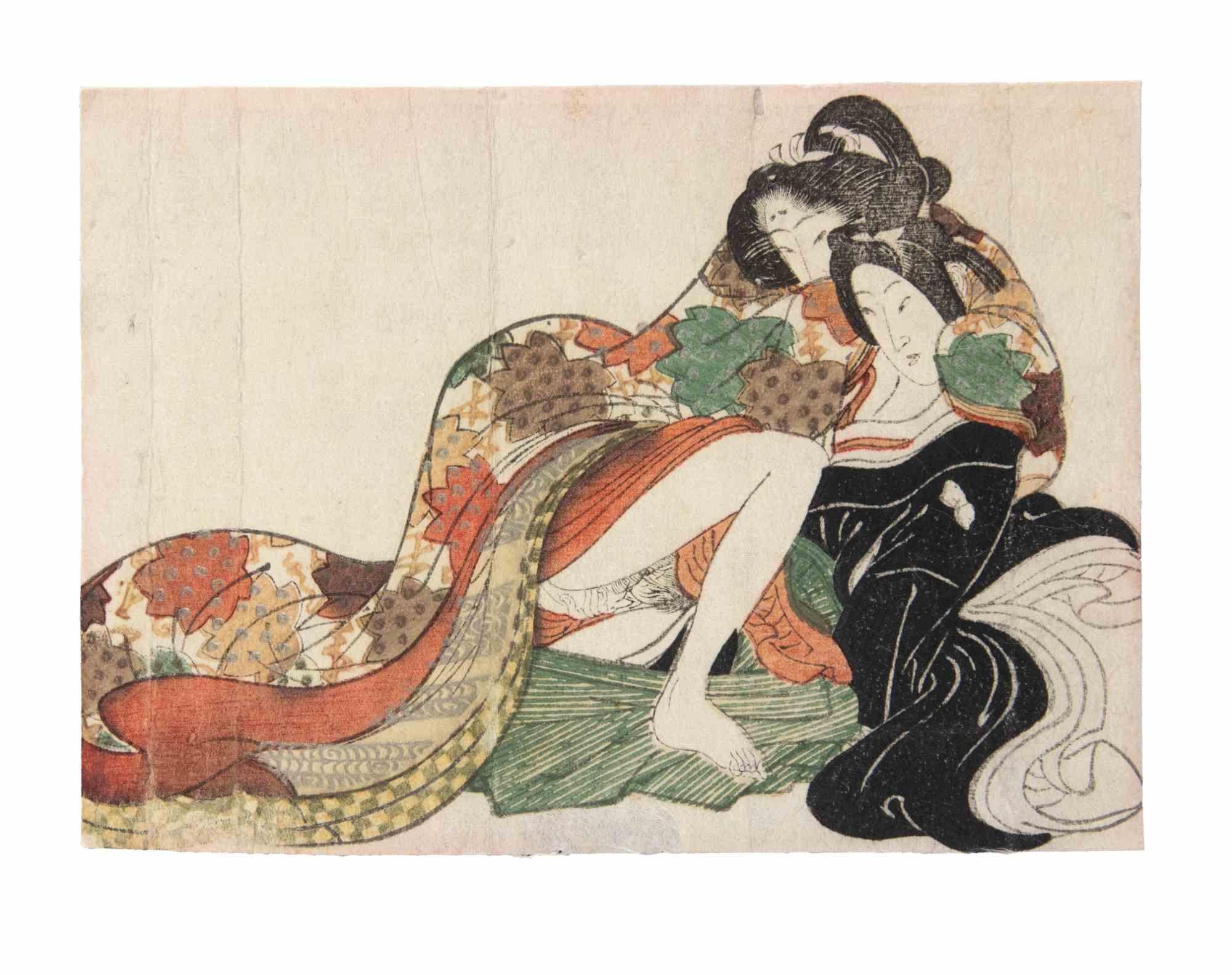 Shunga - Woodcut attr. Keisai Eisen - Mid-19th Century - Print by Keisei Eisen