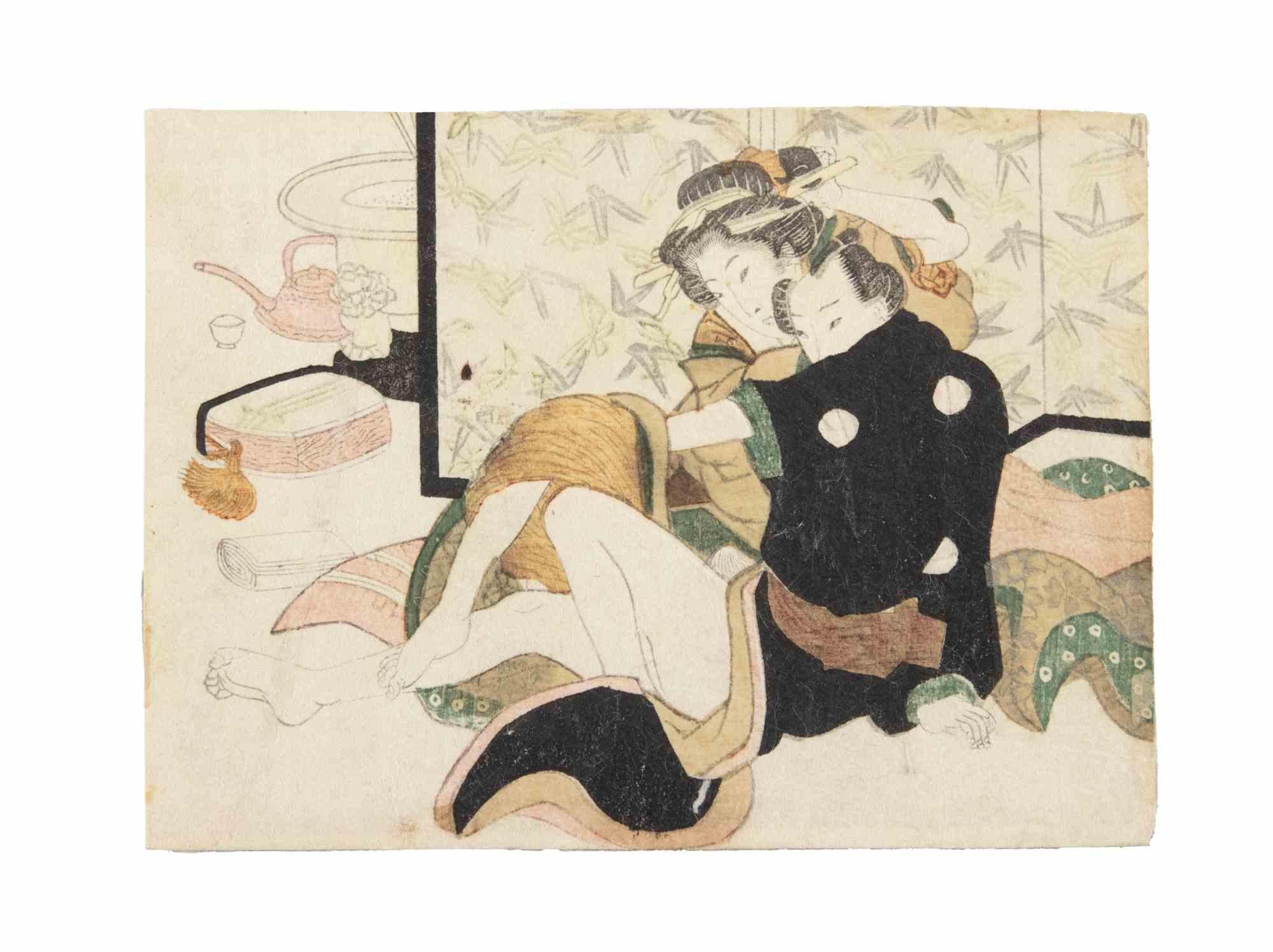 Shunga – Holzschnitt attr. Keisai Eisen – Mitte des 19. Jahrhunderts – Print von Keisei Eisen