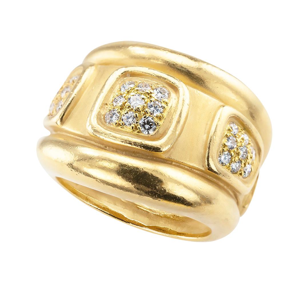 Keiselstein Cord diamond and yellow gold wide ring band circa 1997.

DETAILS:

DIAMONDS:  twenty-nine round brilliant-cut diamonds totaling approximately 0.50 carat, approximately G – H color, VS clarity.

METAL:  18-karat yellow gold.

WEIGHT: 