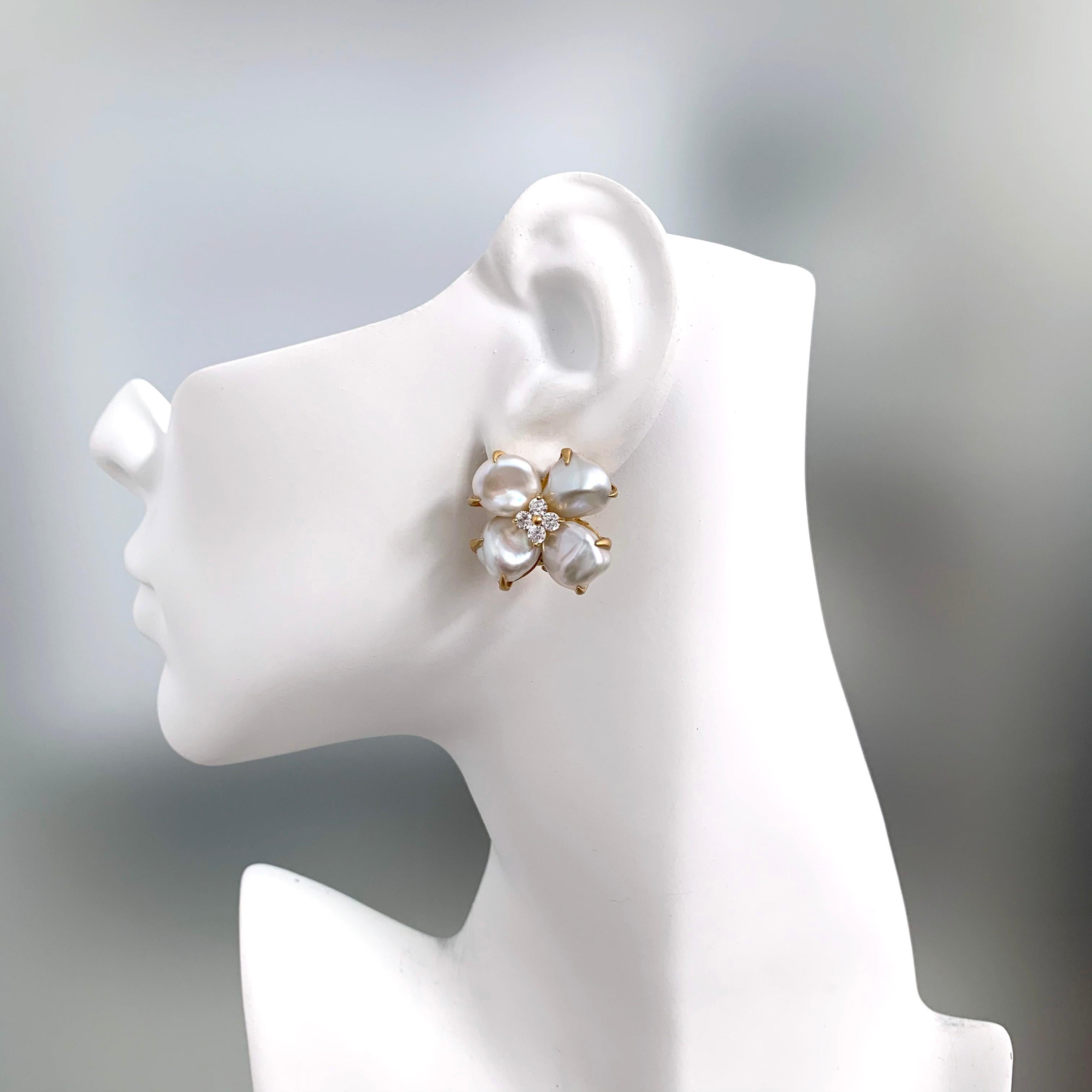 Contemporary Keishi Pearl Blossom Flower Clip-on Vermeil Earrings