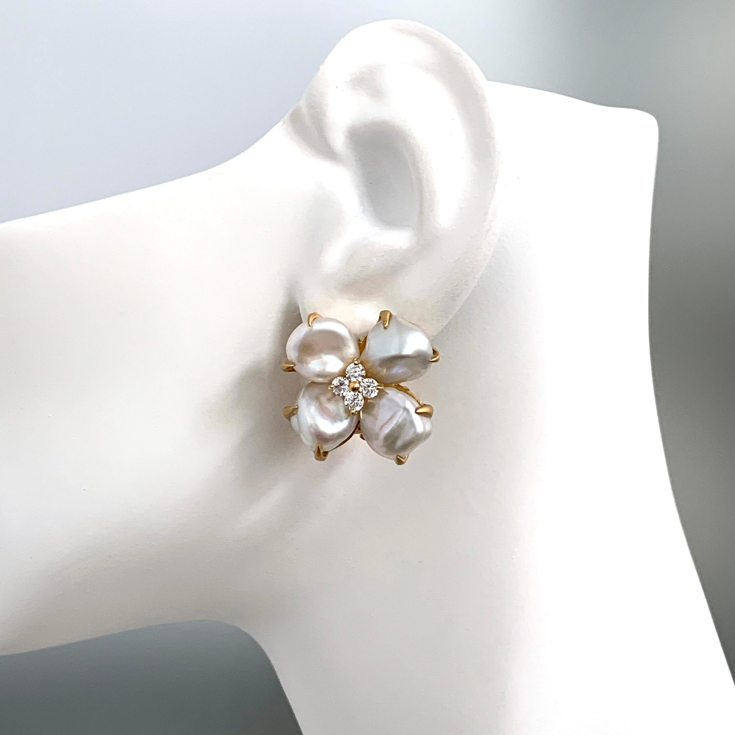 Uncut Keishi Pearl Blossom Flower Clip-on Vermeil Earrings