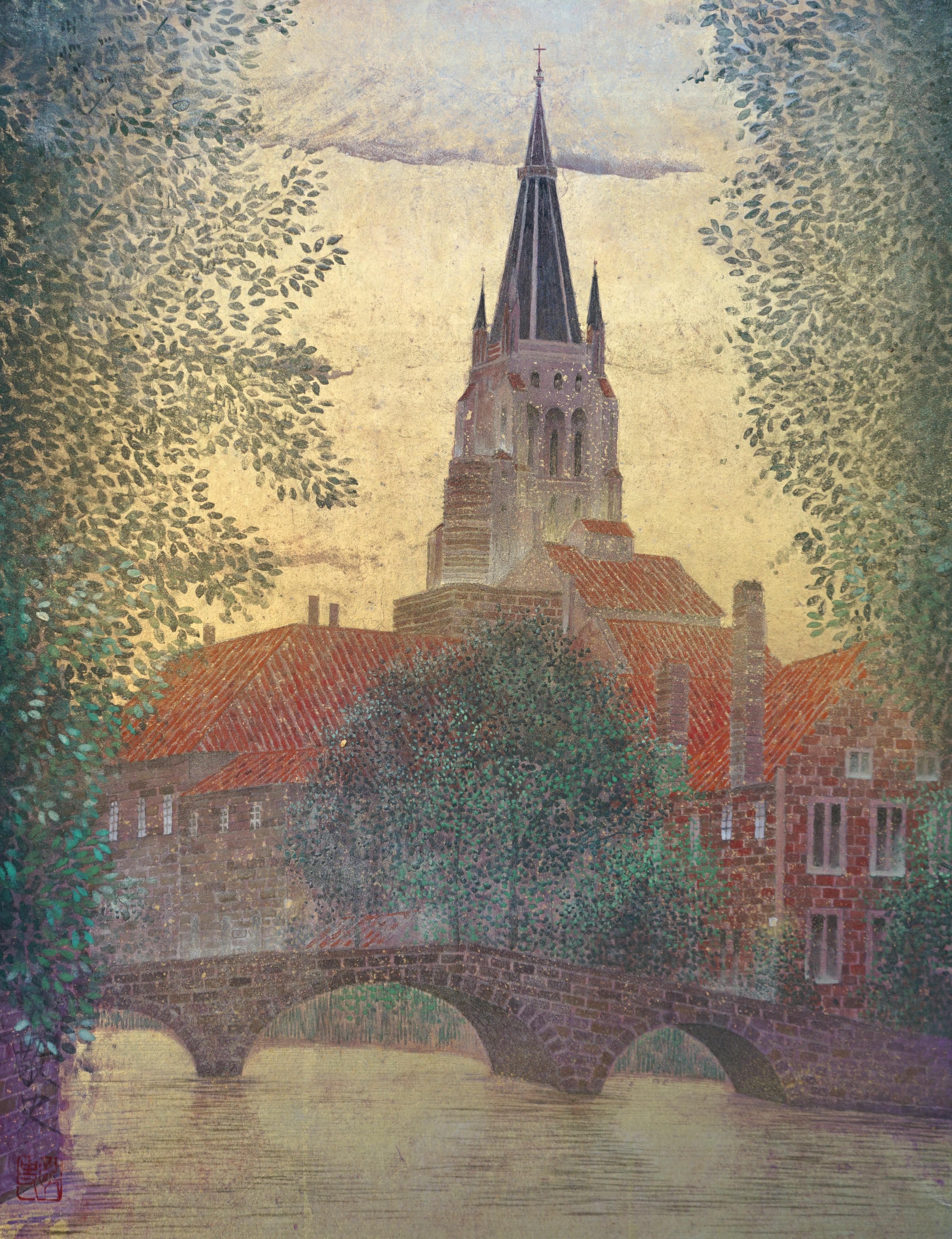 "Bruges N 1" paesaggio foglia oro pigmenti carta belgio calmante sognante romantico