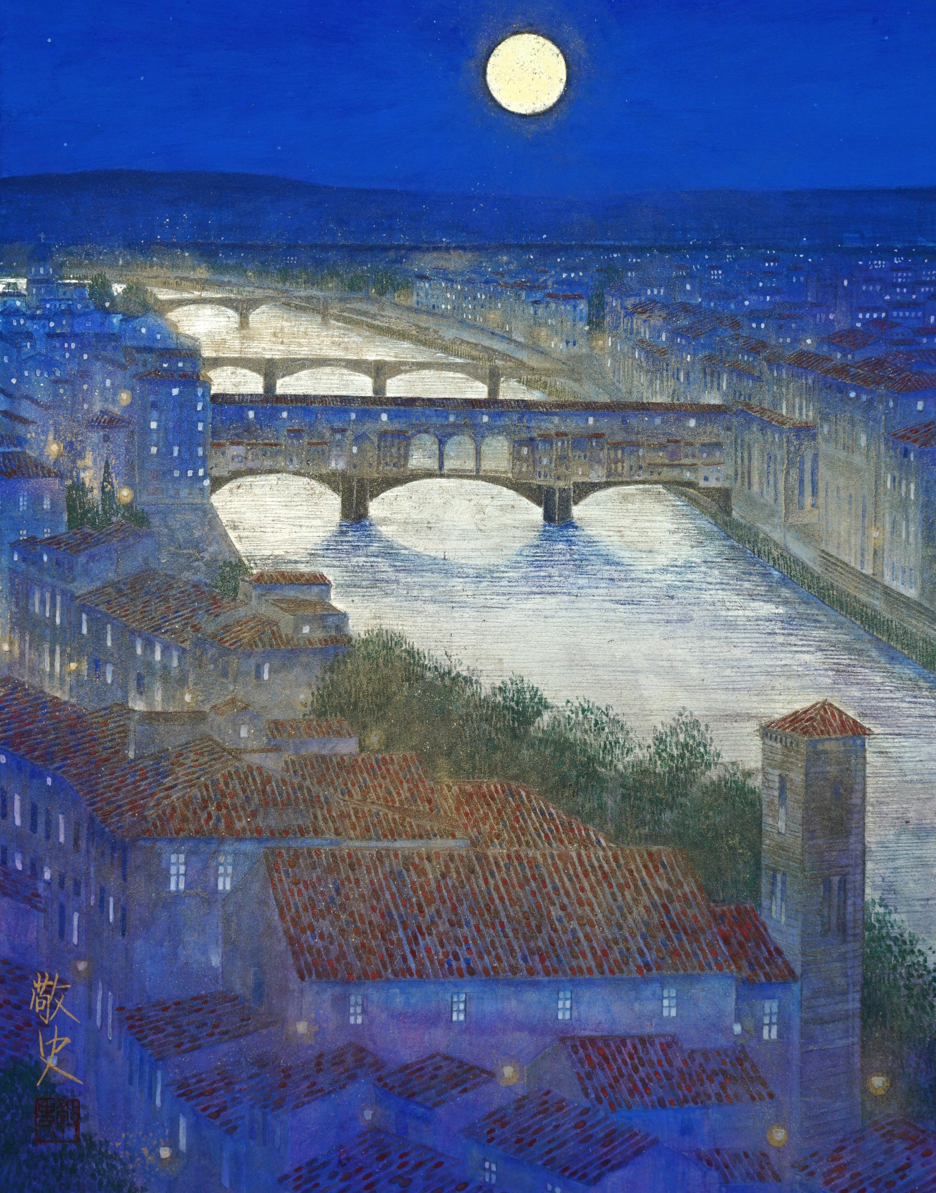 "La notte di Ponte Vecchio N 1" paesaggio foglia oro pigmenti carta italia pace