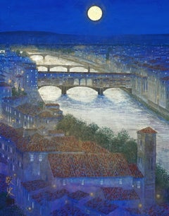 "La Noche del Ponte Vecchio N 1" paisaje hoja de oro pigmentos papel italia paz