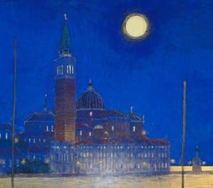 "La nuit de Venise N 1" paysage feuille d'or pigments papier italie gondole calme