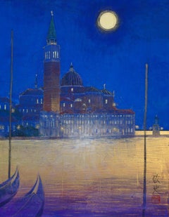 "La Noche de Venecia N 1" paisaje hoja de oro pigmentos papel italia góndola calma