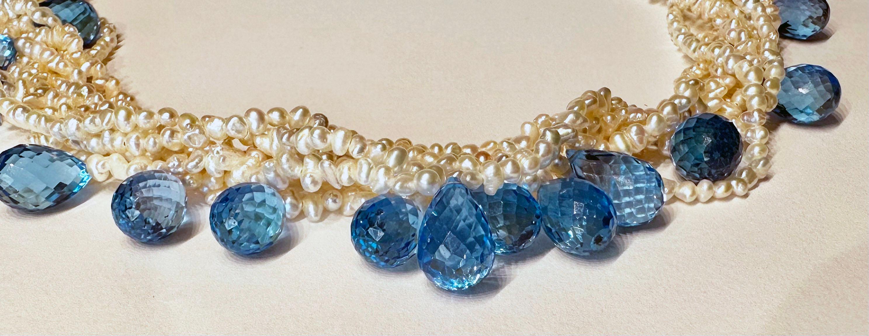 Keishi Salt Water Pearl Torsade Necklace with Topaz Briolettes For Sale 11