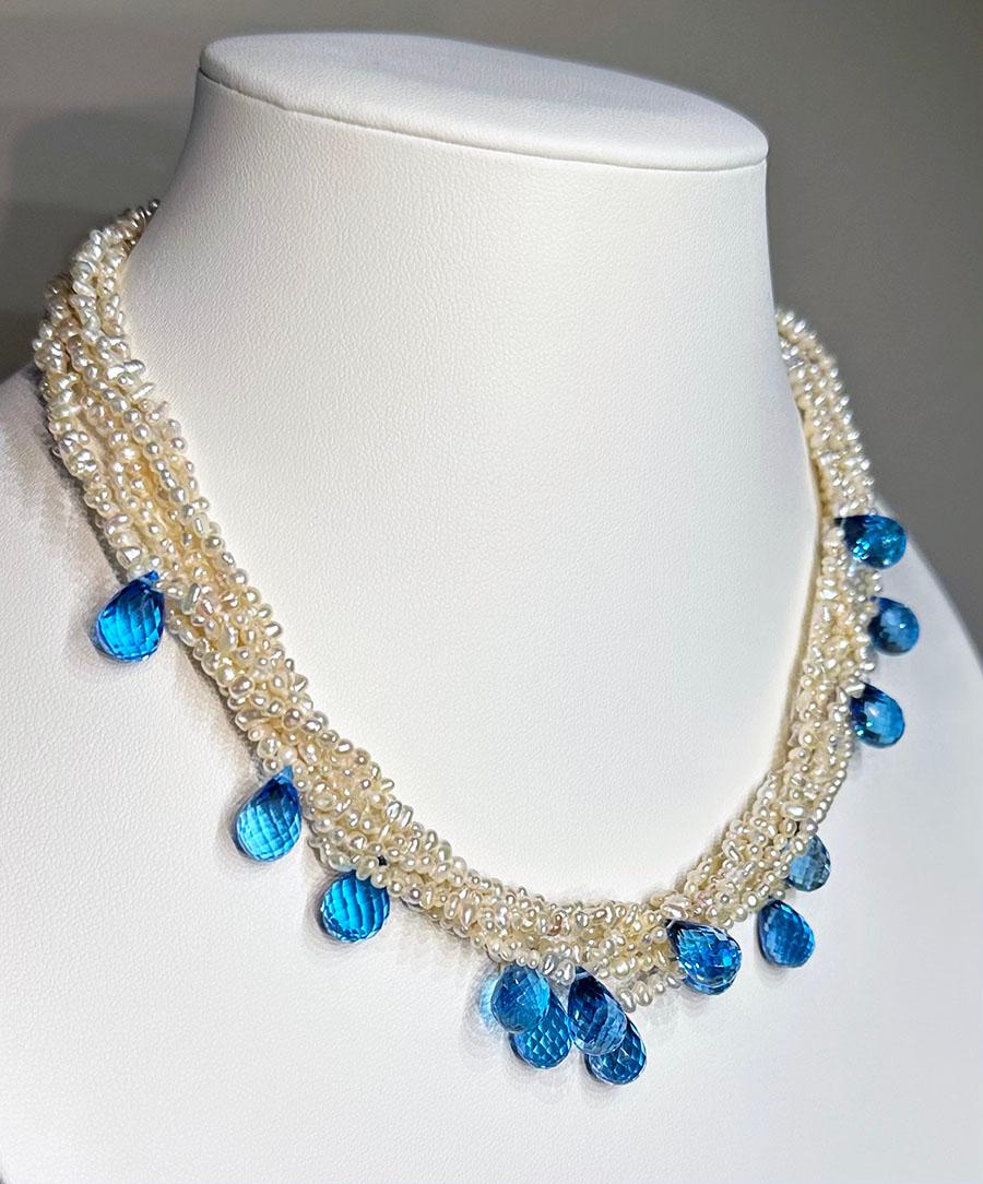 Contemporary Keishi Salt Water Pearl Torsade Necklace with Topaz Briolettes For Sale