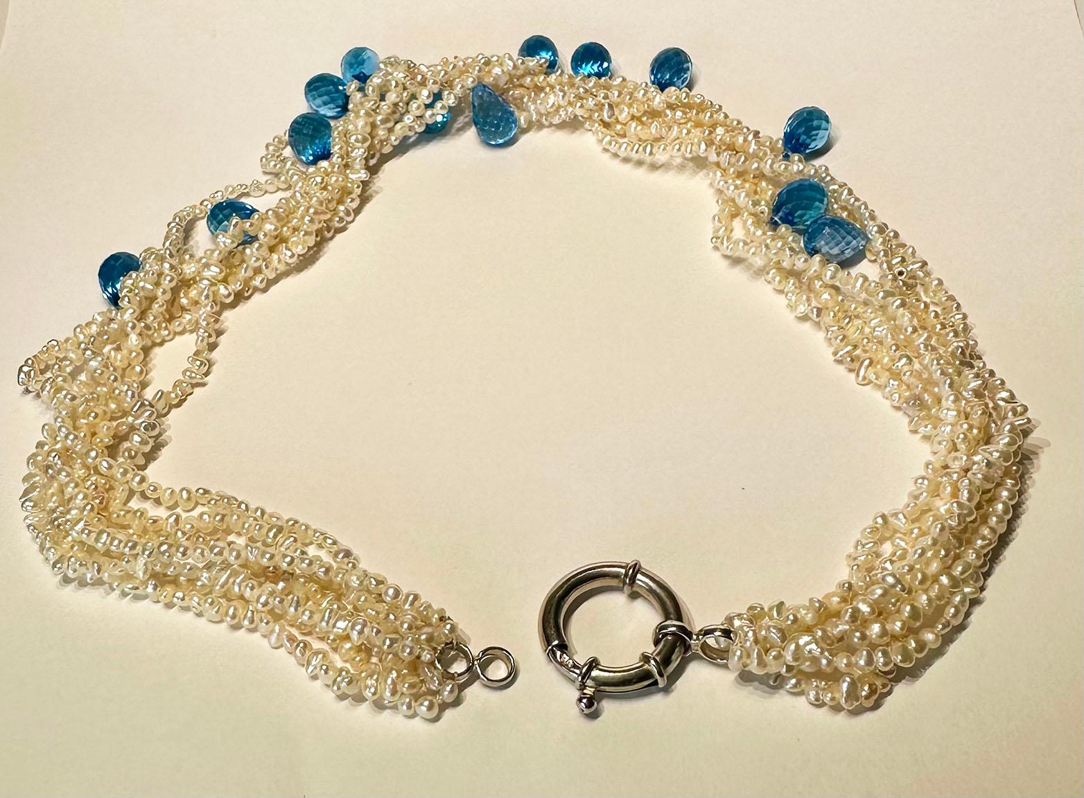 Keishi Salt Water Pearl Torsade Necklace with Topaz Briolettes In New Condition For Sale In Seattle, WA