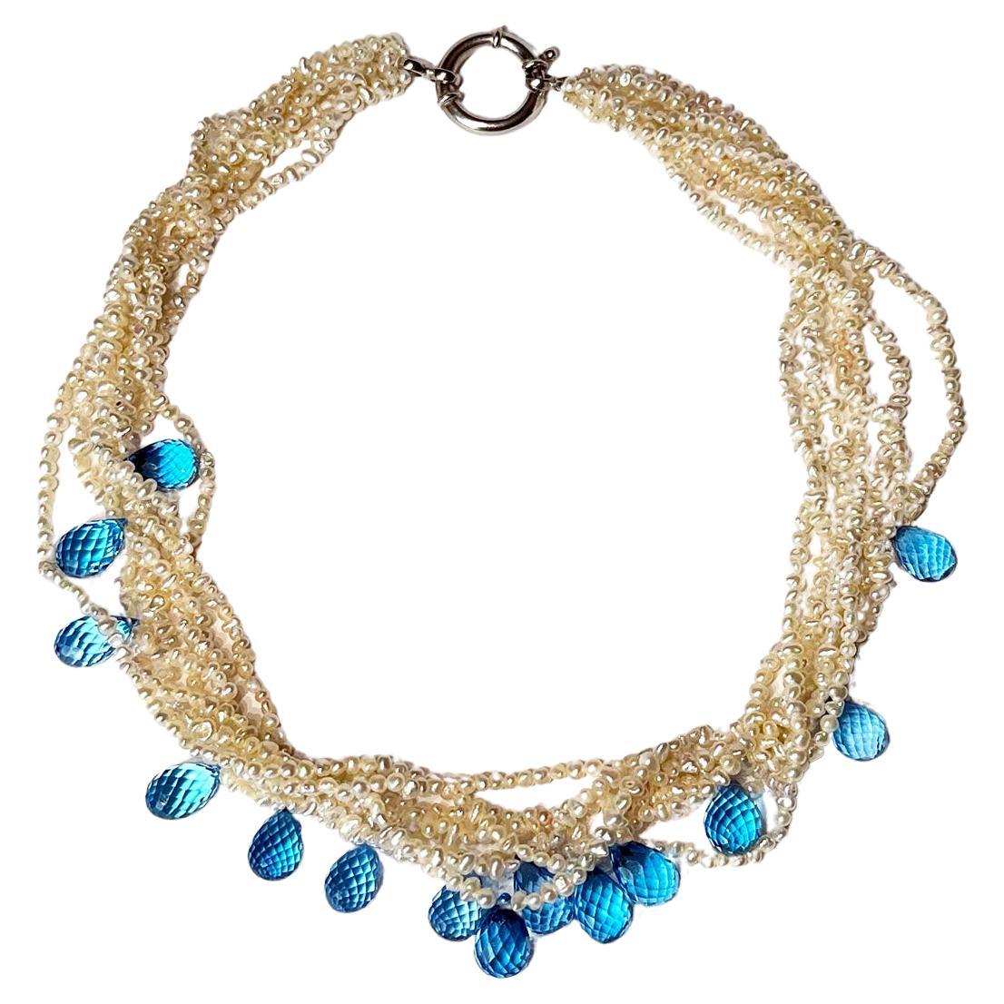 Keishi Salt Water Pearl Torsade Necklace with Topaz Briolettes For Sale