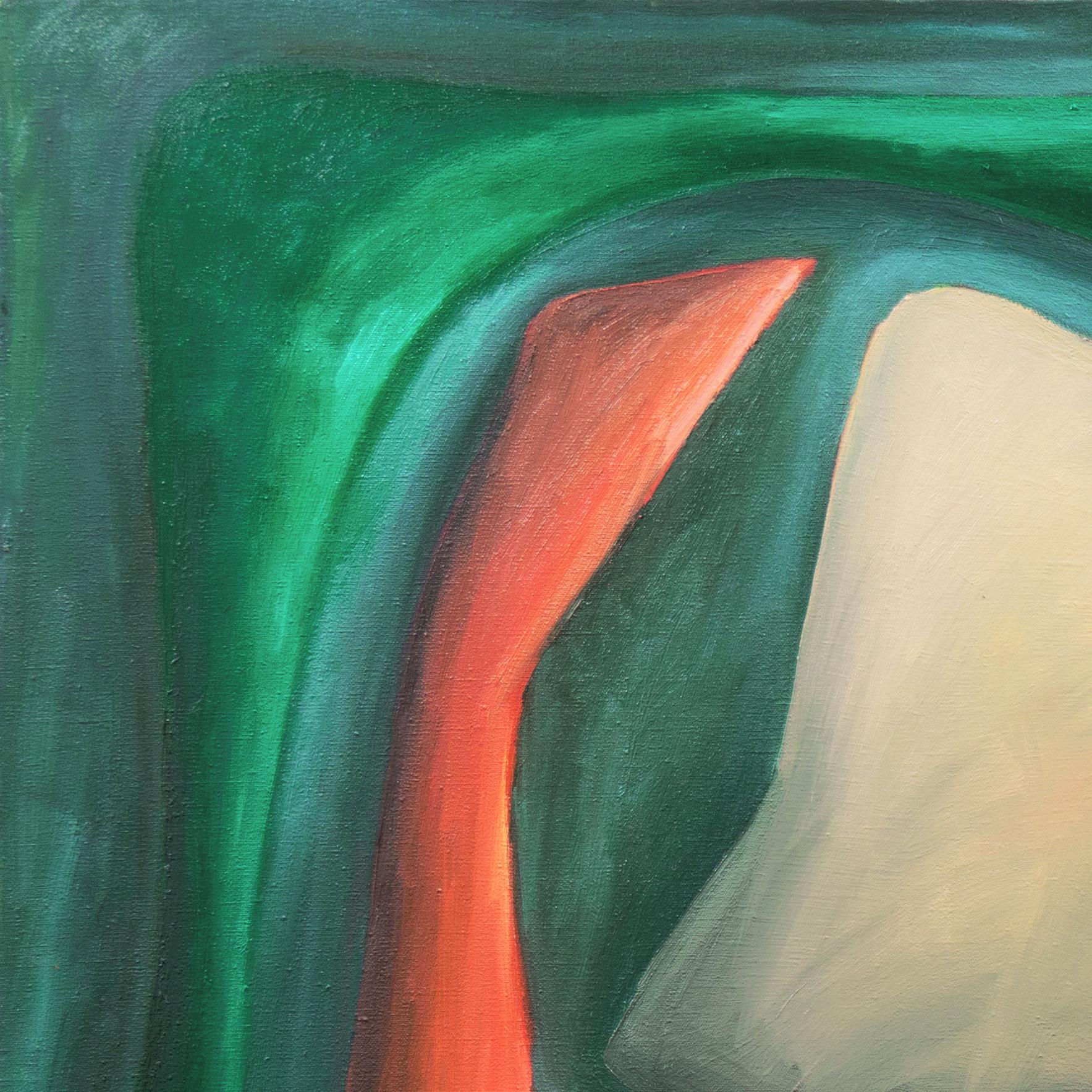 A substantial, mid-century American Abstract oil comprising biomorphic and dimensional forms in shades of coral, jade and straw, shown gathered around a central, rectangular element of shadowed ivory and parchment. Signed verso, 'Keisler' (American,