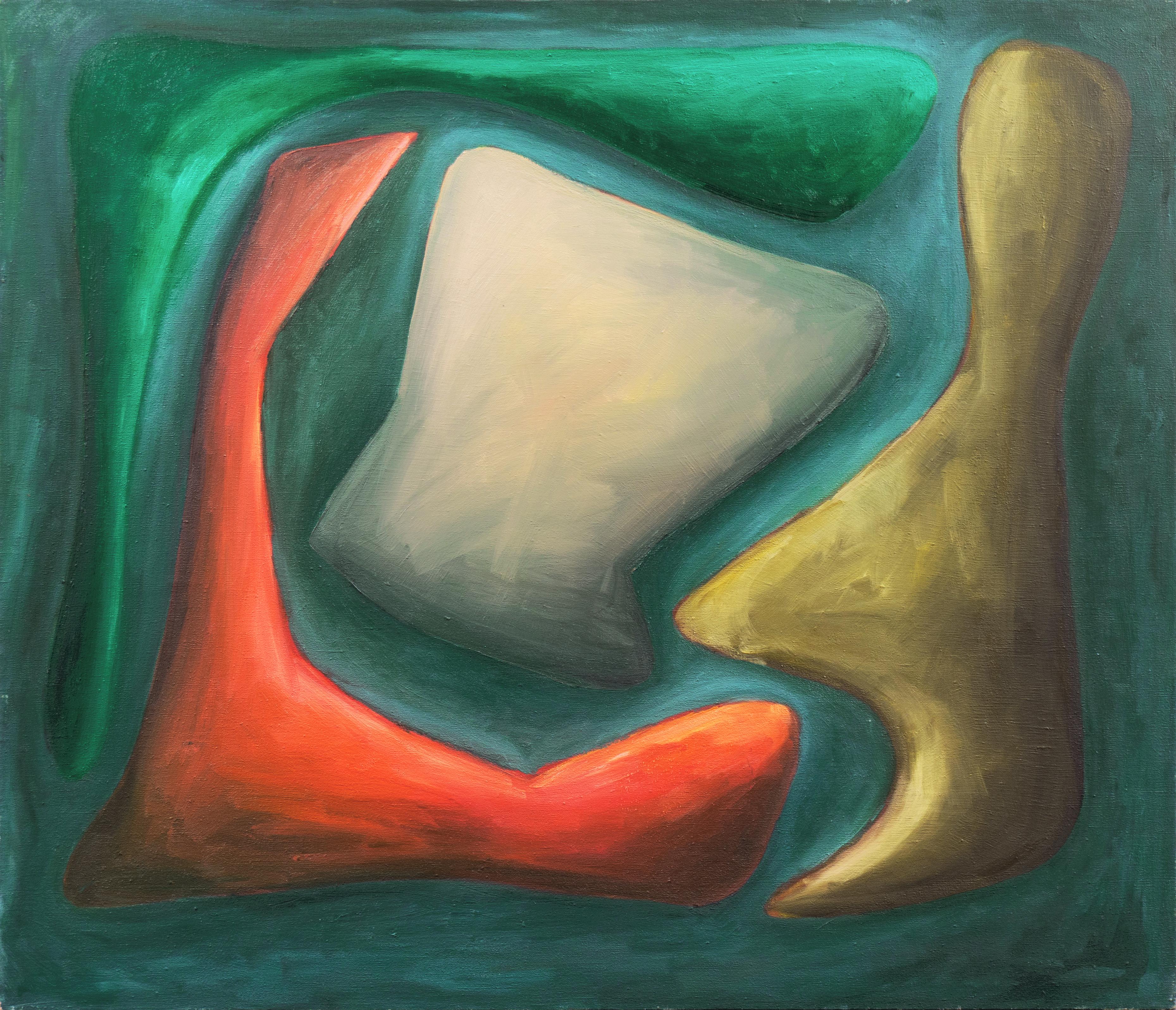 Keisler Abstract Painting - 'Abstract in Coral and Jade', Large Mid-century American Biomorphic Abstraction
