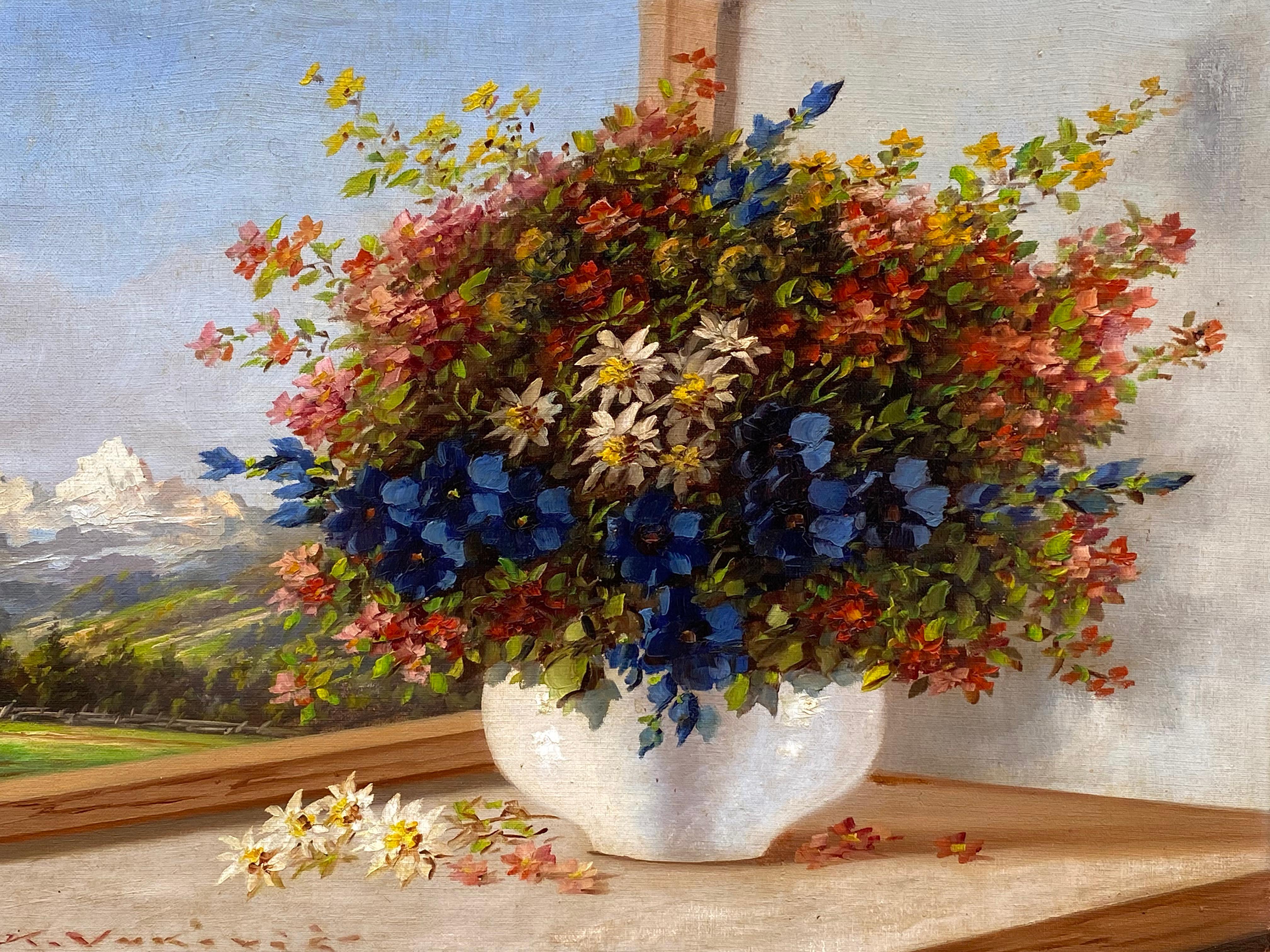 Blumenstrauß mit Wildblumen in Landschaft – Painting von Keist Vakovic