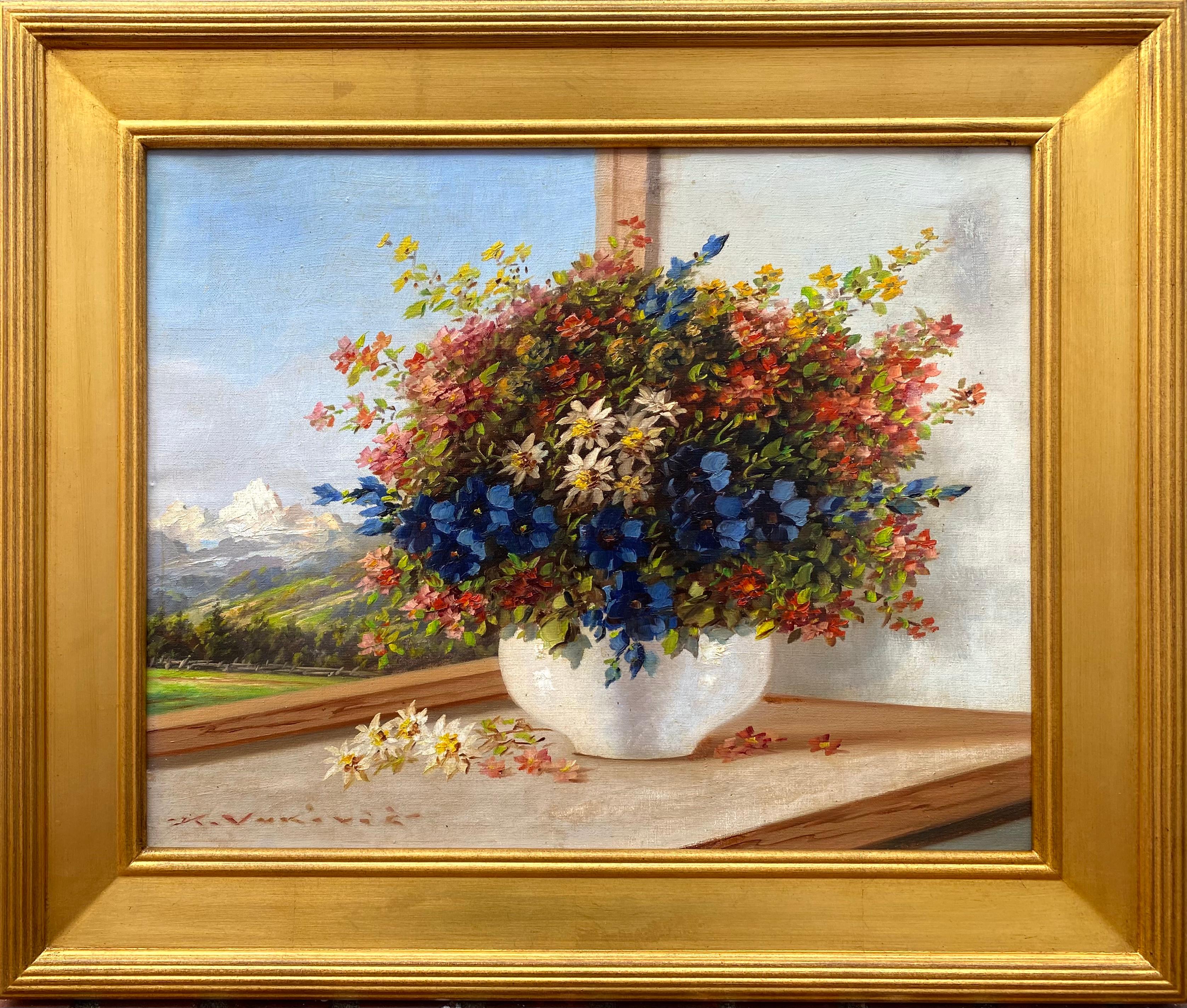 Original oil on canvas painting by the Czech born artist, Keist Vakovic. Signed lower left. Condition is good.  Newly professionally framed in contemporary gold gallery frame.  Overall framed measurements are 22 by 25.5 inches.
	
Keist Vakovic (Born
