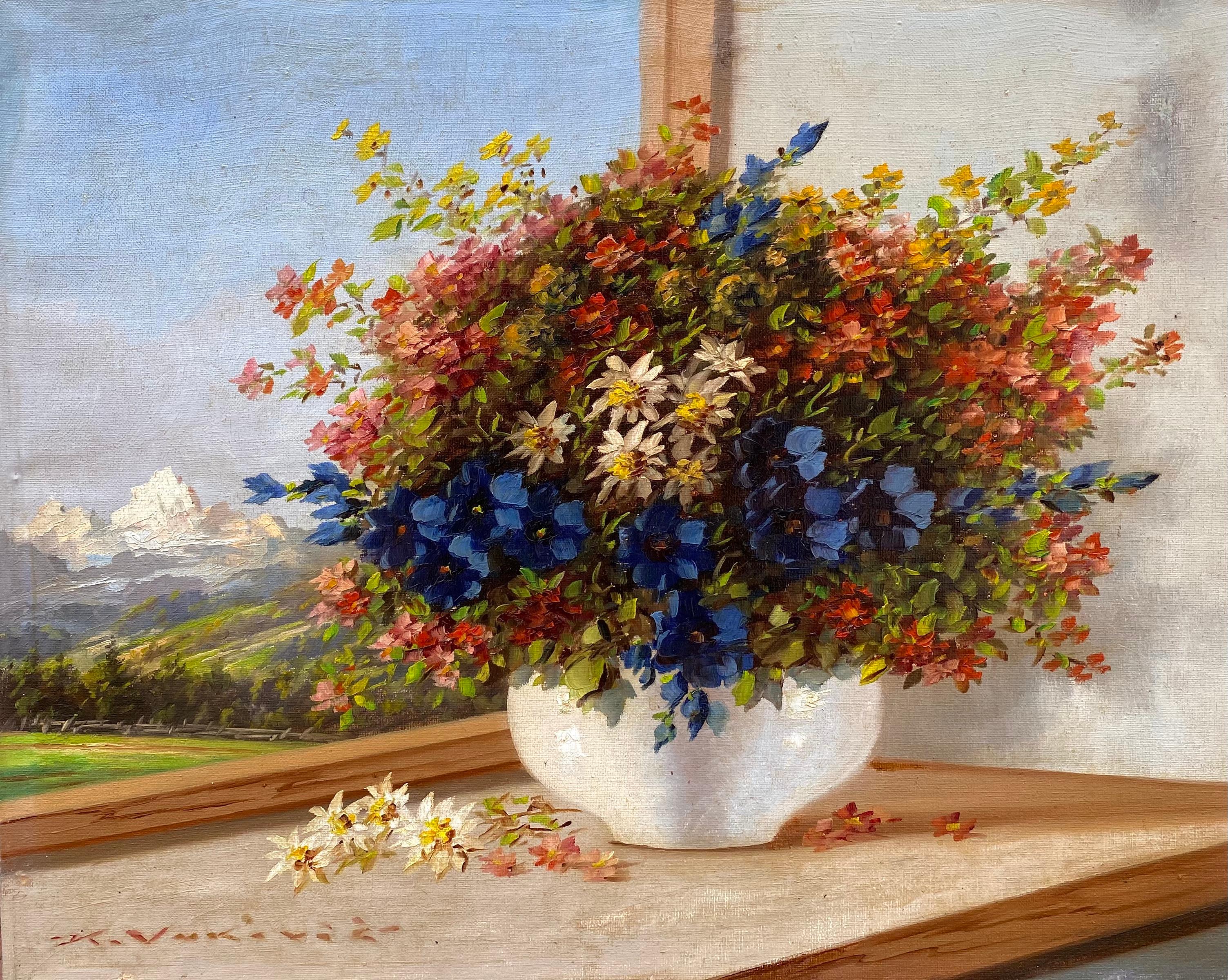 Still-Life Painting Keist Vakovic - Bouquet de fleurs sauvages dans un paysage
