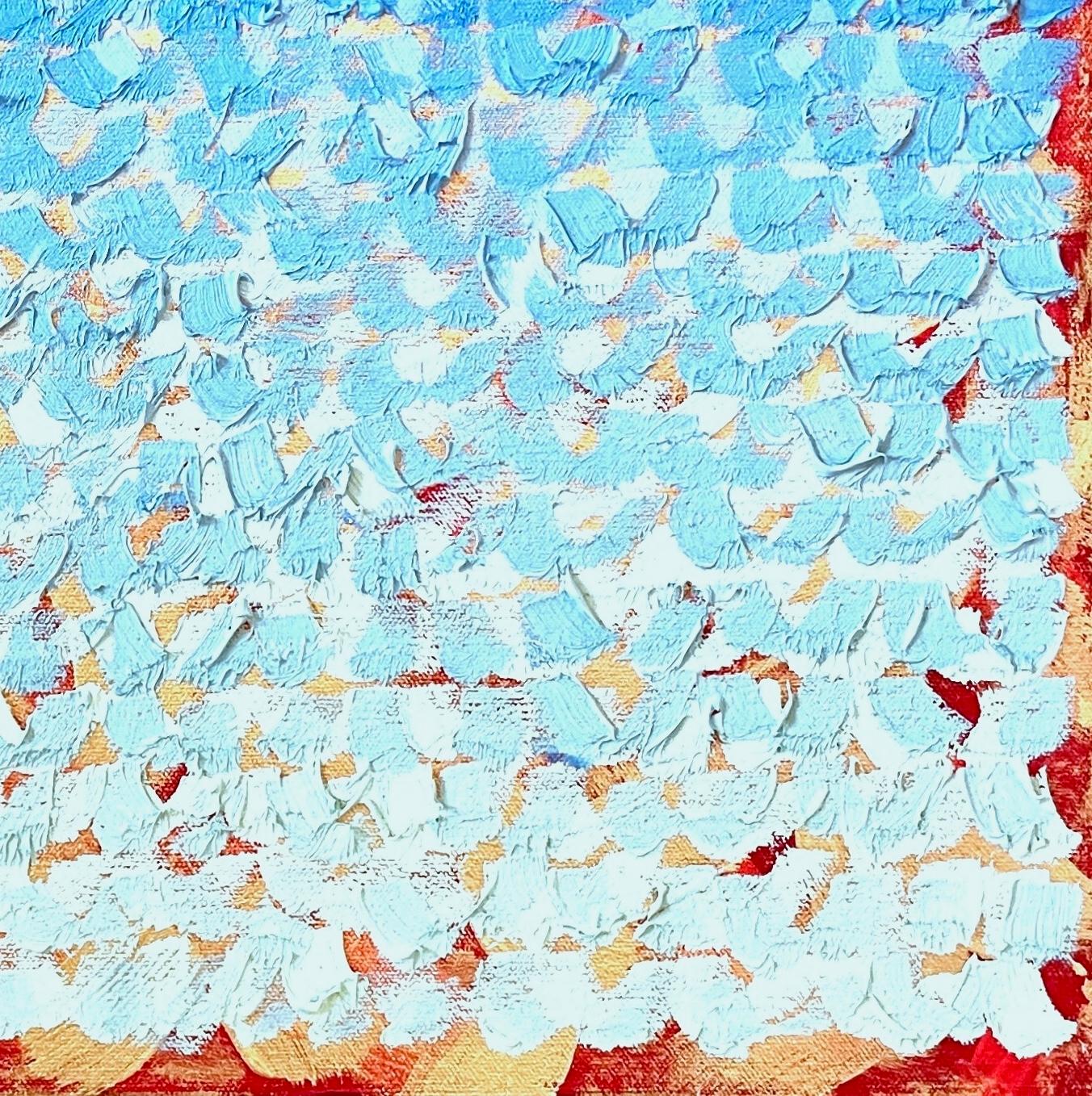 2024J: heavily textured pointillist ombre painting in blue & turquoise w/ gold - Blue Abstract Painting by Keith Breitfeller