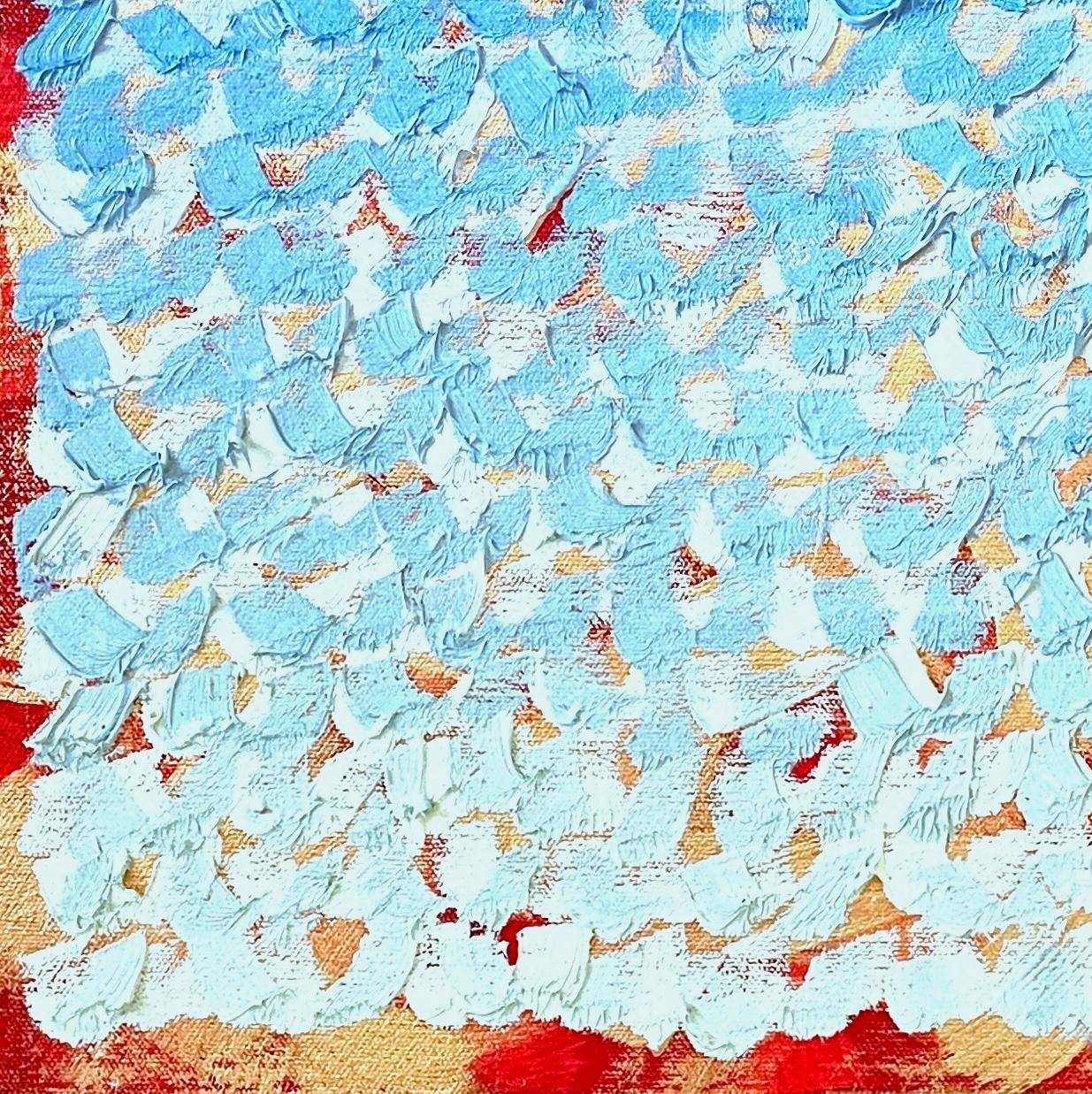 This is an oil painting in gradations of blues, greens and turquoise with red and gold undertones by professional artist Keith Breitfeller. Breitfeller’s peaceful, meditative color studies begin with a bright, dynamic under-painting in acrylic,