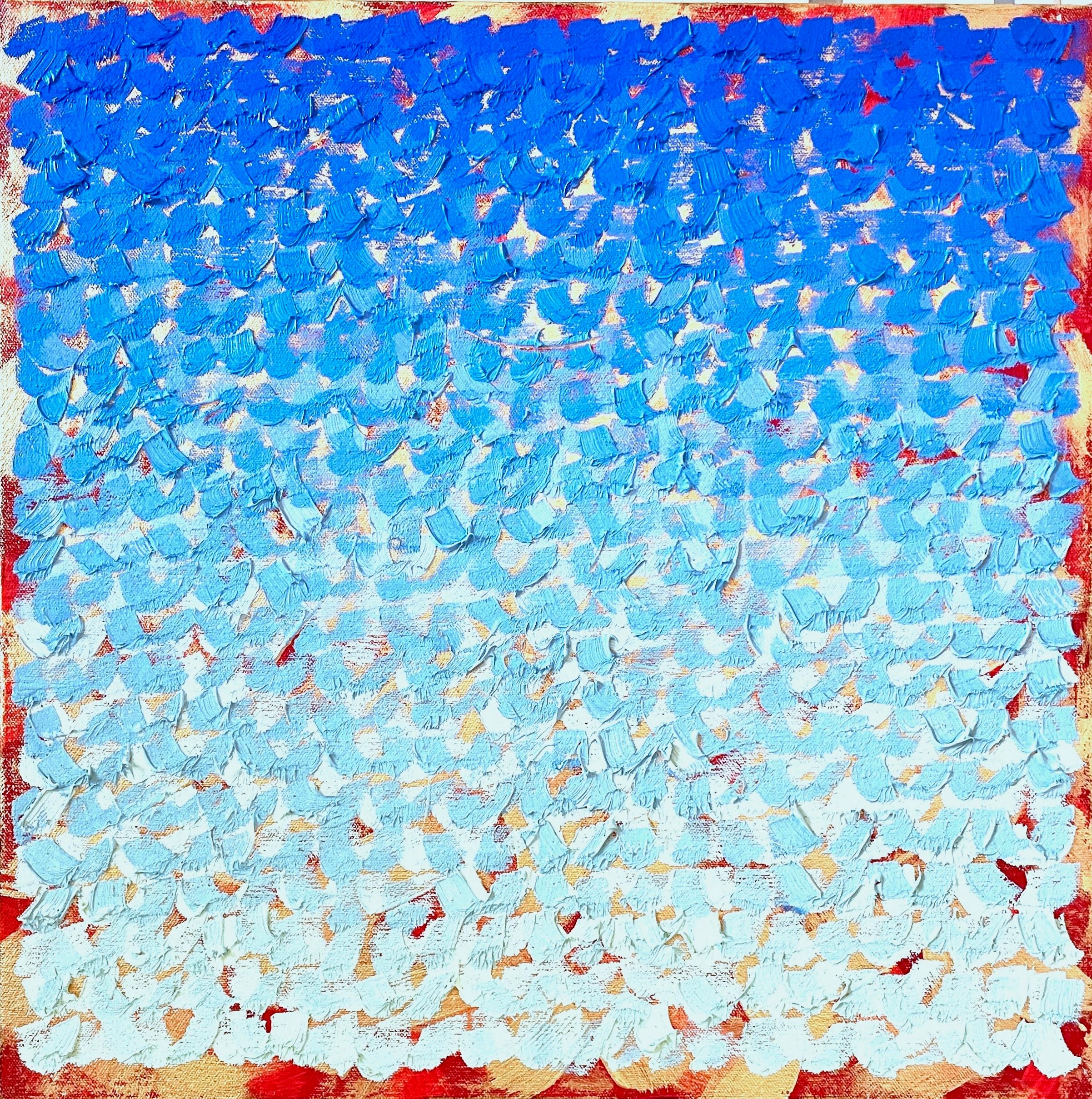 Keith Breitfeller Abstract Painting - 2024J: heavily textured pointillist ombre painting in blue & turquoise w/ gold
