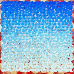 2024J: heavily textured pointillist ombre painting in blue & turquoise w/ gold