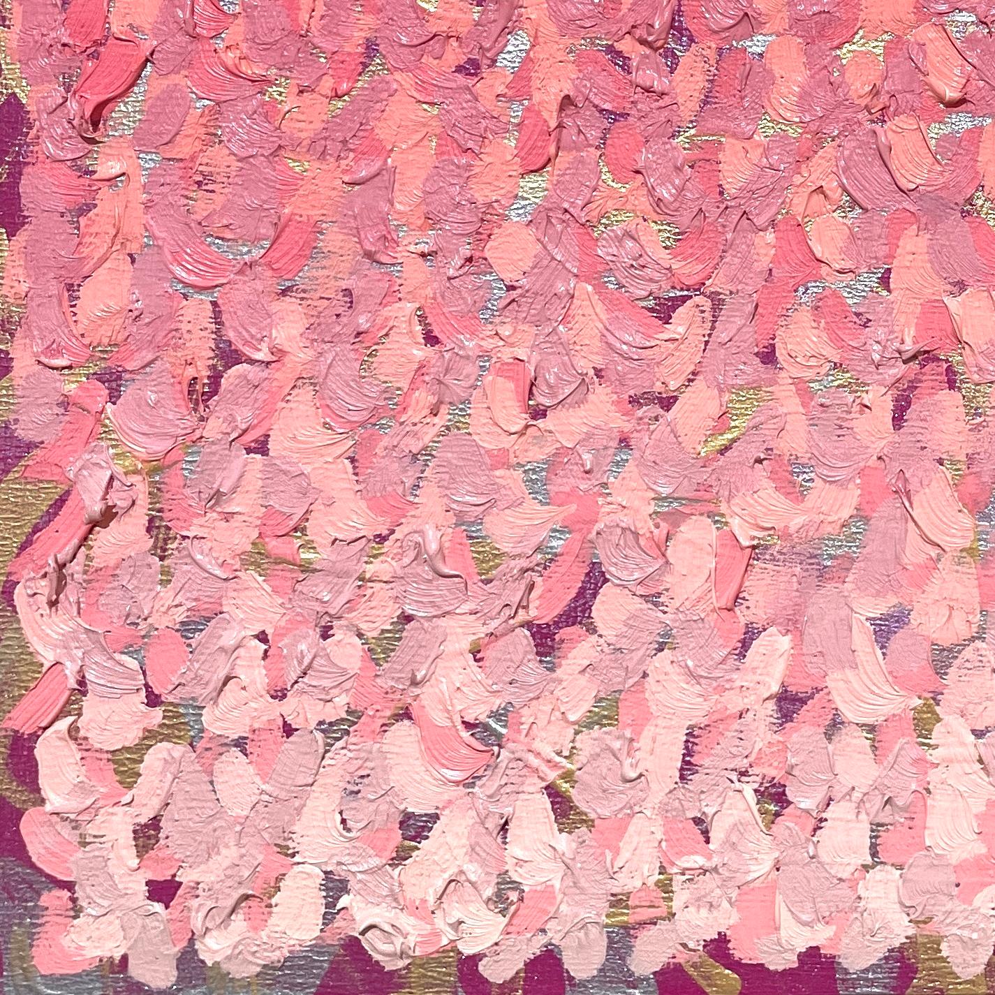 2025B: Small, heavily textured pointillist ombre painting in pink, rose w/ gold - Painting by Keith Breitfeller